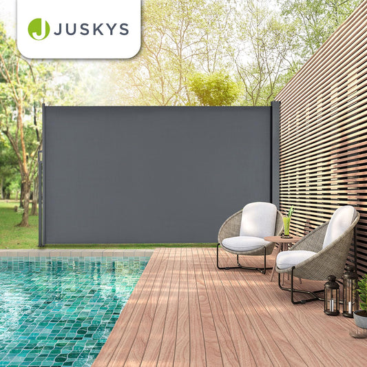 Juskys Seitenmarkise Dubai 180 x 300 cm ausziehbar Blickdicht, Sichtschutz für Balkon & Terrasse, Seitenrollo mit Wandhalterung - grau