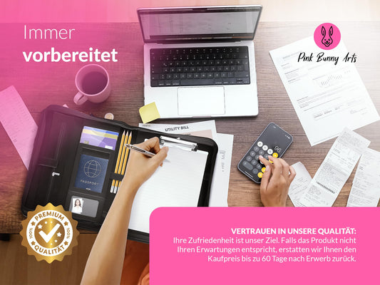 Pink Bunny Arts Schreibmappe A4 - Dokumentenmappe in hochwertiger Lederoptik - Konferenzmappe A4 inkl. Klemmbügel - Notizbuch Bürobedarf