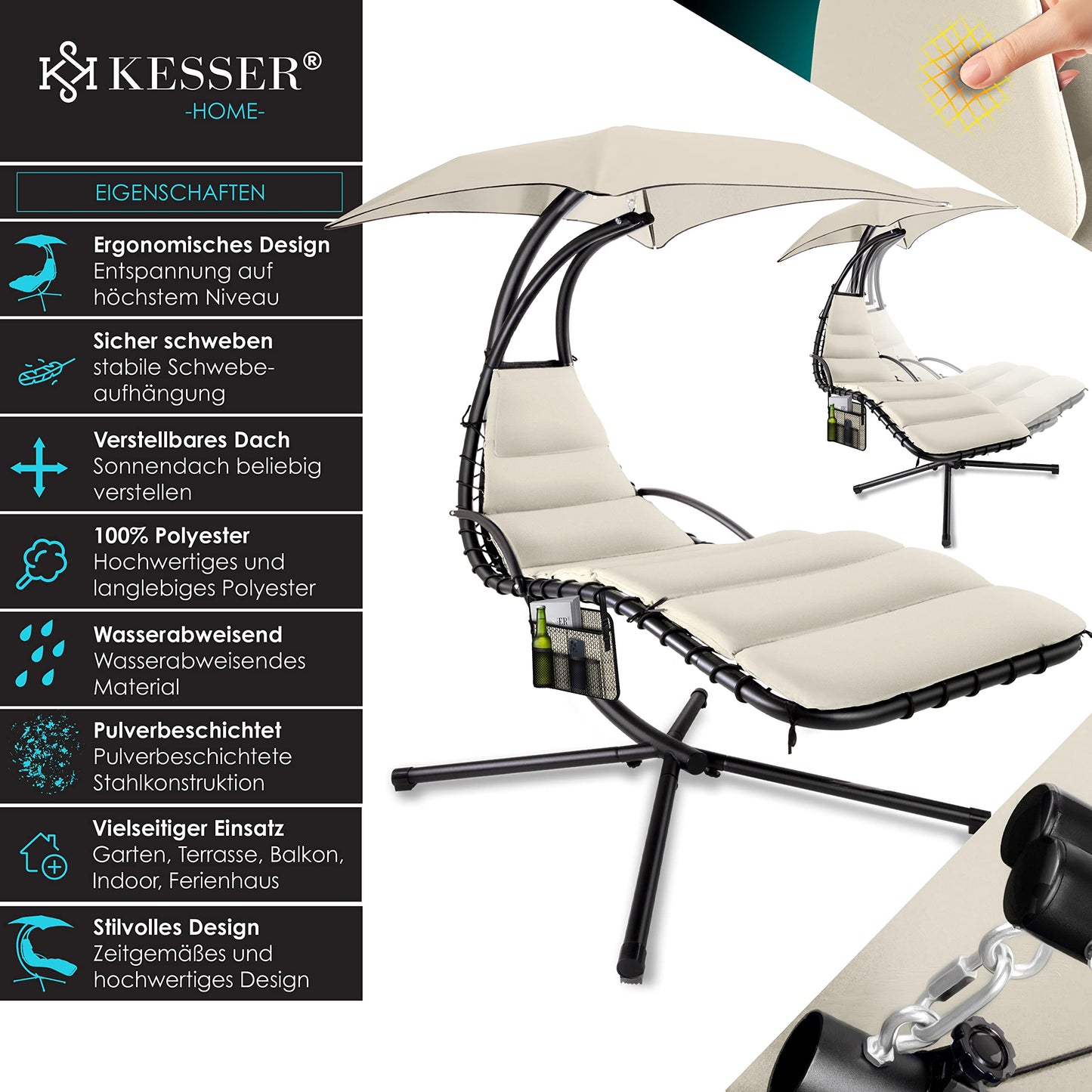 KESSER® Schwebeliege mit Sonnenschirm, Hängeliege, Sonnenliege H200, L194, B100 cm, Relaxliege, Schaukelliege Hängematte, bis 120 kg belastbar, Auflagen - Nackenkissen, Inkl. Tasche