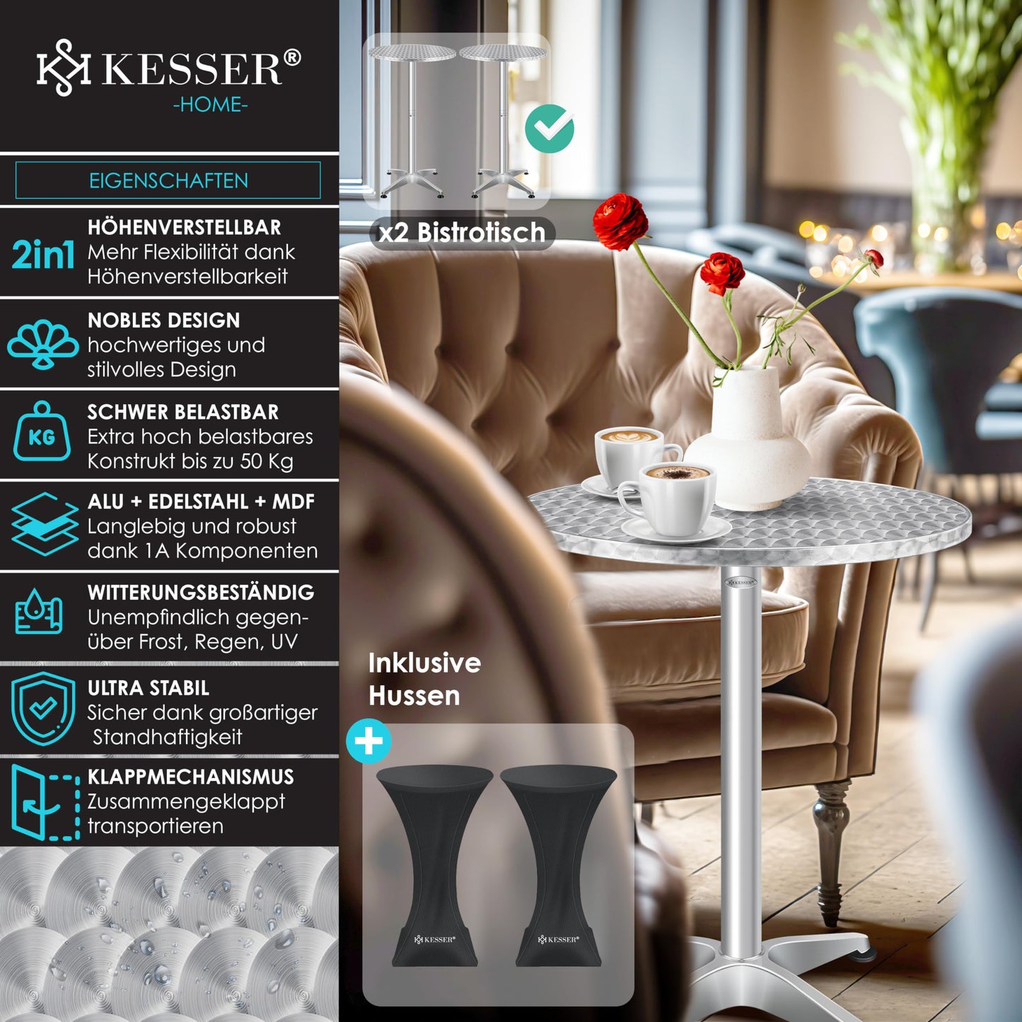 KESSER® 2in1 Stehtisch klappbar Bistrotisch 2er Set | Aluminium Edelstahlplatte | höhenverstellbar 70cm / 115cm | Partytisch Tisch Ø 60cm | In- & Outdoor Empfangstisch | Klapptisch mit Cover Silber