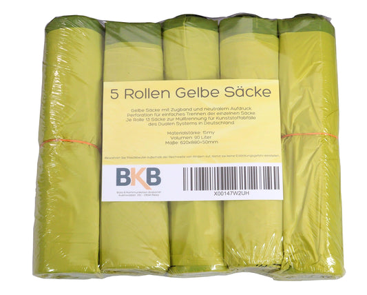 5 Rollen Gelber Sack, Gelbe Säcke mit praktischem Zugband, 90 Liter, 15µ - Wertstoffsack