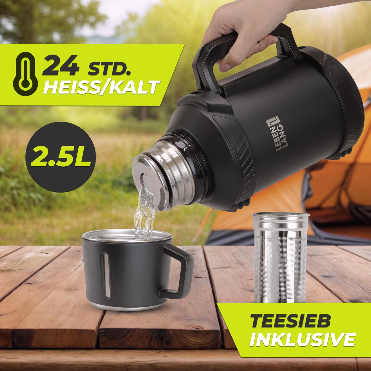 LEBENLANG Thermosflasche 2,5 Liter - 24h Heiß Inkl. Becher, Teesieb, Tragegurt I Trinkflasche Thermobecher 2 5 Liter Thermoskanne I Getränkeflasche Edelstahl Thermusteekanne Isolierflasche Thermo Cup