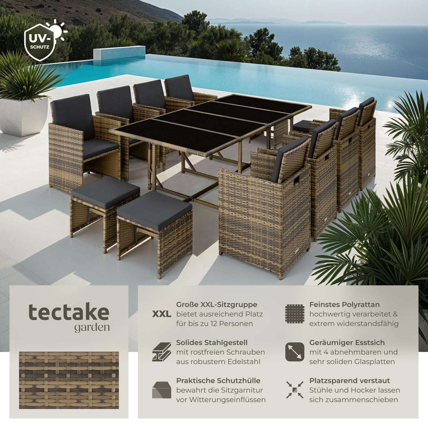 tectake Gartenlounge Set, Polyrattan Gartenmöbel Set, 8+4+1 Sitzgruppe, 8 Stühle 4 Hocker 1 Tisch, Balkon Möbel als Würfel verstaubar, für Garten, Balkon, Terrasse - Natur/dunkelgrau