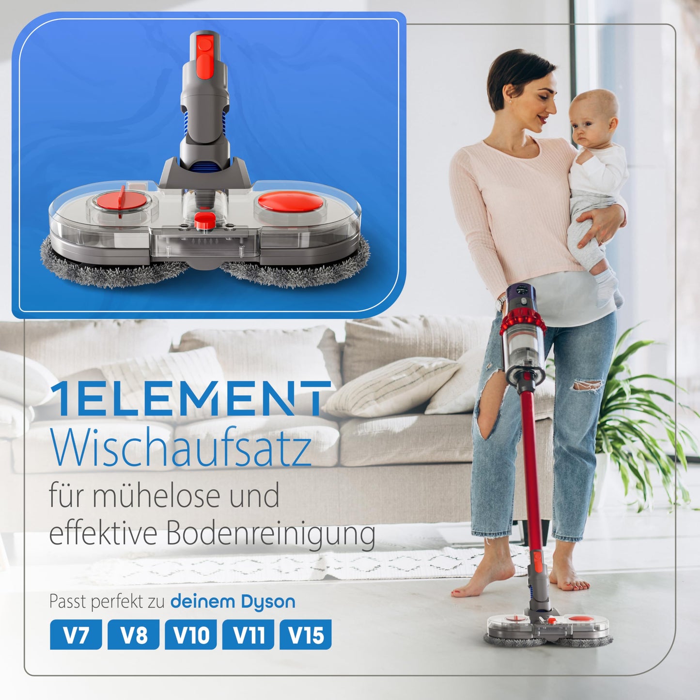 Wischaufsatz für Dyson – elektrischer Bodenwischaufsatz – kompatibel mit Dyson Staubsaugern V7, V8, V10, V11, V15, Gen5 – 50dB-Motor – abnehmbarer Wassertank – inkl. 6 Wischmopps – alle Böden