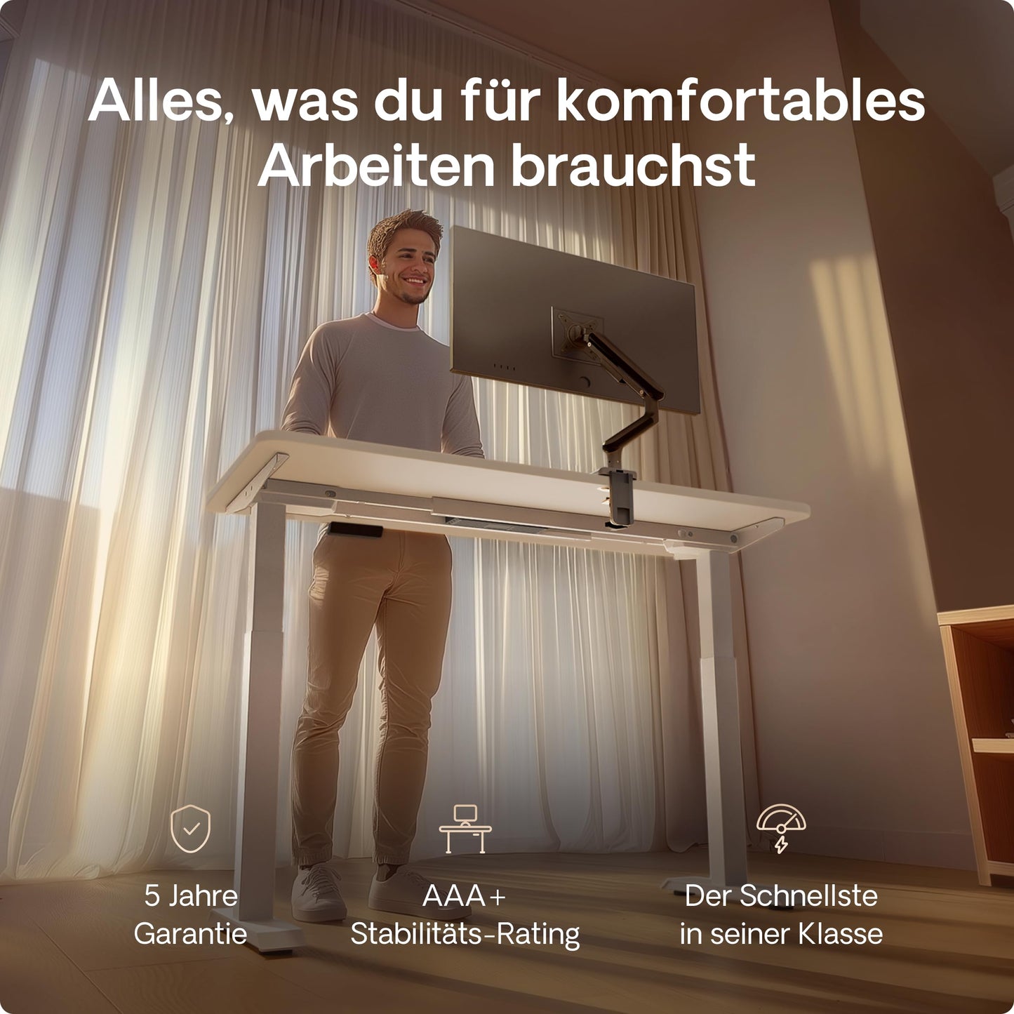 Desktronic Homeone Höhenverstellbarer Schreibtisch 160 x 80 cm, Elektrisch mit 2 Motoren, Touchscreen und USB-Anschlüssen, Weiß