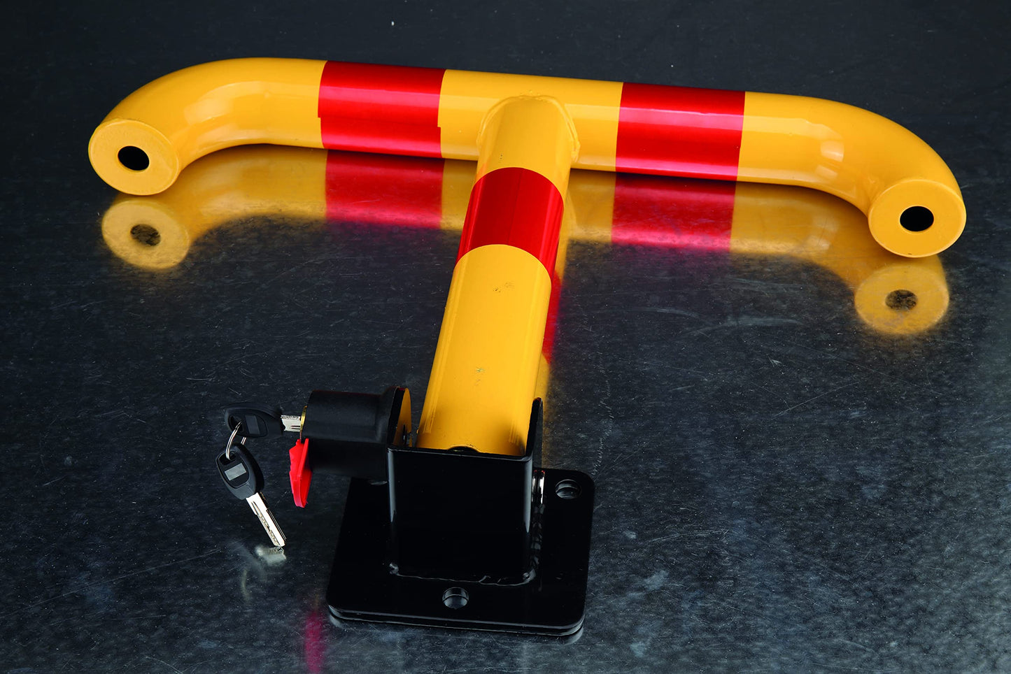 BASI Absperrpfosten | Parkplatzsperre Parkbügel | Klappbarer Parkpfosten mit 2 Schlüsseln | Sperrpfosten in Signalfarben | Metall | abschließbar