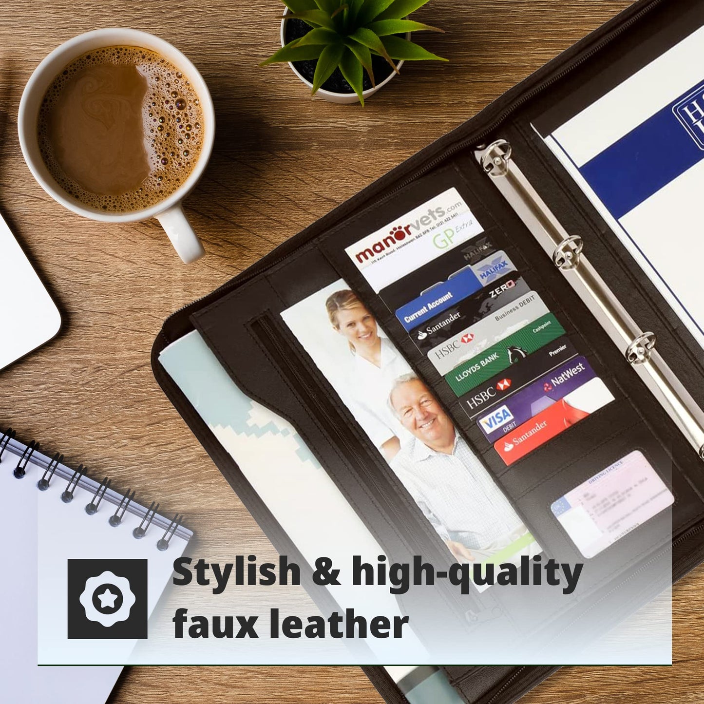 H&S A4 Schreibmappe mit Ringbuch - Konferenzmappe mit Reißverschluss & Schreibblock - Organizer Dokumentenmappe & Aktenmappe aus Kunst Leder in Schwarz mit 11 Kartenfächern