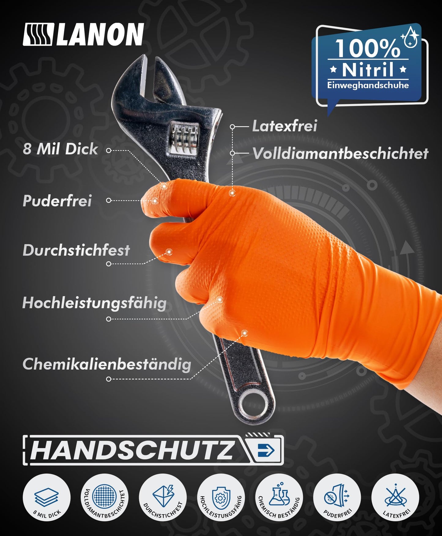 LANON 8 Mil Orange Einweghandschuhe Nitrilhandschuhe, Mechaniker, Langlebig, Lebensmittelecht, Latexfrei, Puderfrei, Volldiamantbeschichtet, L