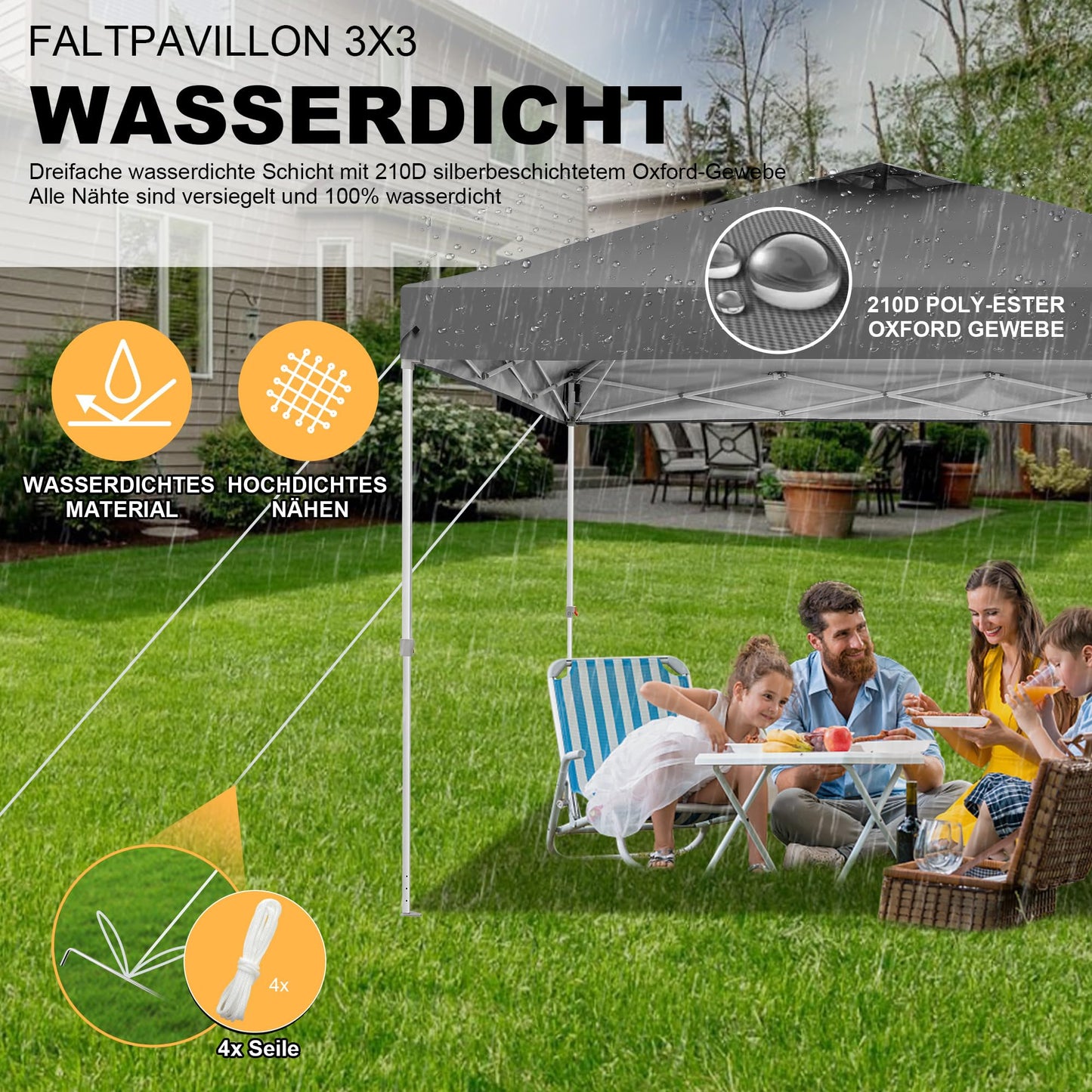 COBIZI Pavillon 3x3 Faltpavillon 3x3 wasserdicht stabil Winterfest mit | Pop-Up Klicksystem | UV-Schutz 50+ | Partyzelt Garten Zelt klappbar 3x3m mit Lüftungsöffnung inkl. Tasche & 8X Erdspieße, Grau