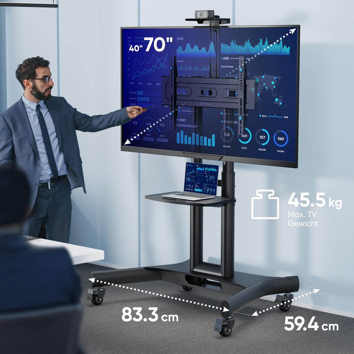 ONKRON TV Ständer rollbar für 40-70 Zoll TVs bis zu 45,5 kg - Fernsehständer höhenverstellbar max VESA 600x400, professioneller Fernseher Rollwagen/TV Wagen mit Rollen Schwarz TS1551-B