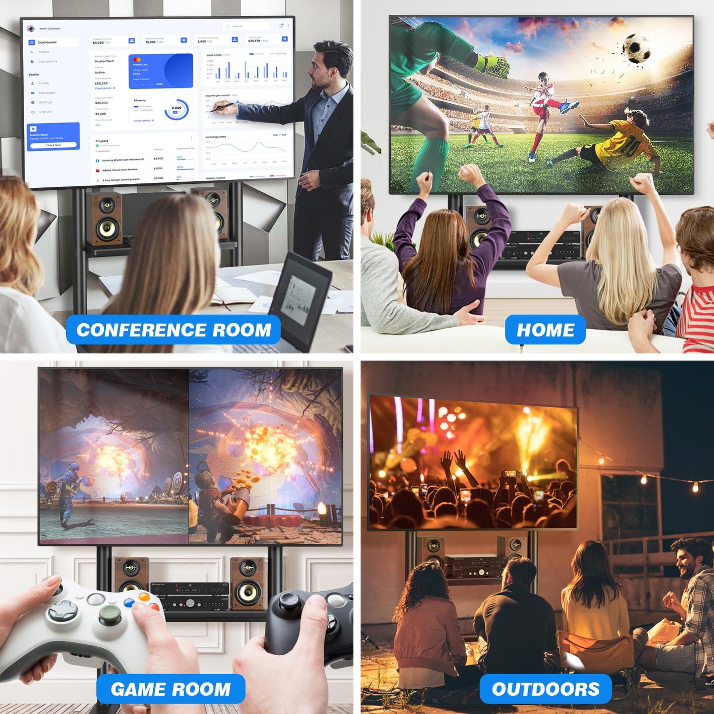 RFIVER TV Ständer Rollbar mit Ablage Für 50 bis 86 Zoll Flach & Curved Fernseher, Höhenverstellbarer TV Bodenständer mit Rollen Mobiler Fernsehständer Schwarz TV Wagen bis 68kg Max. VESA 800x600mm