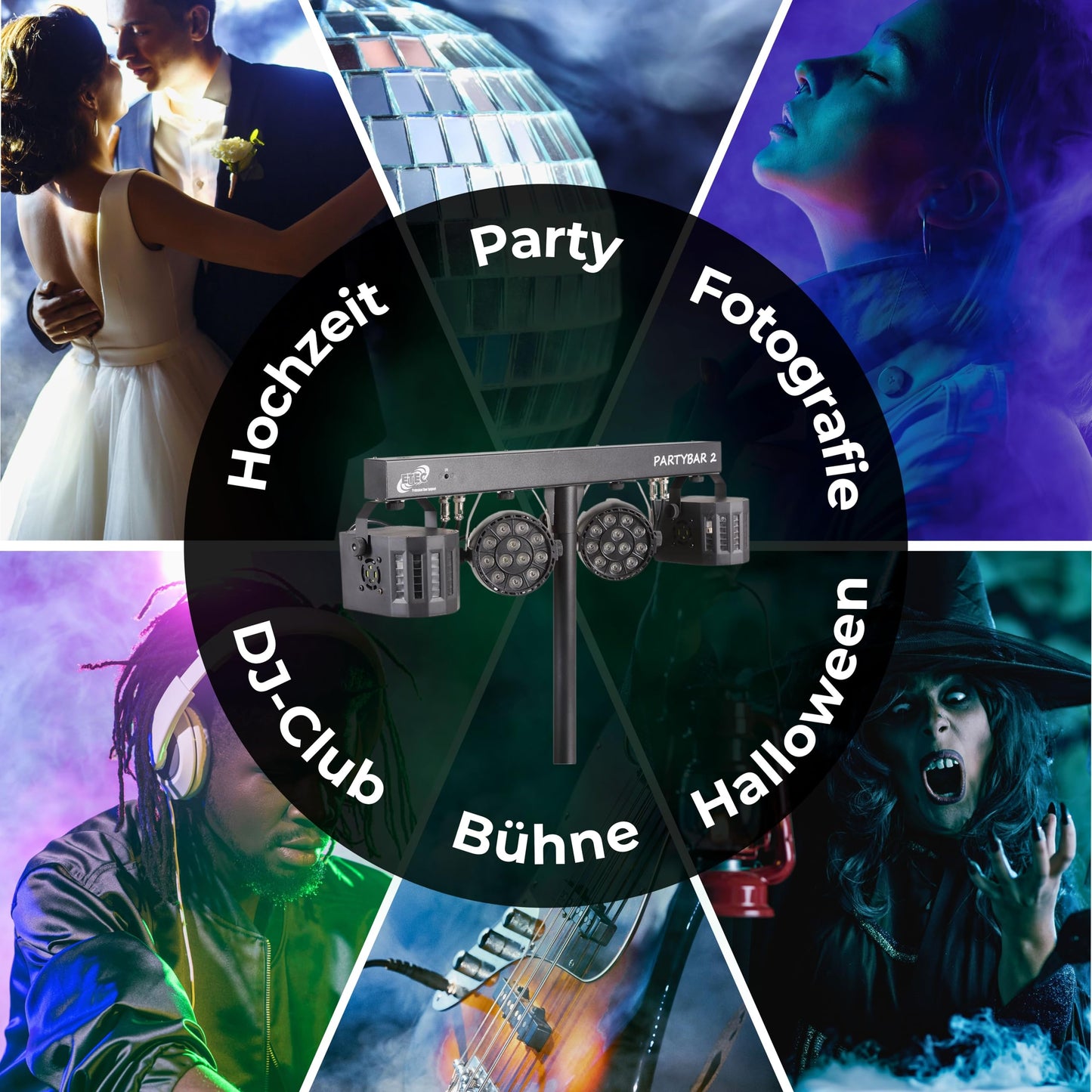 ETEC Professional LED PARTYBAR 2 – 2x PAR Scheinwerfer & 2x Derby Effekt inkl. Stativ & Fernbedienung – Musikgesteuertes Disco Licht Komplettset für DJ, Party & Bühne