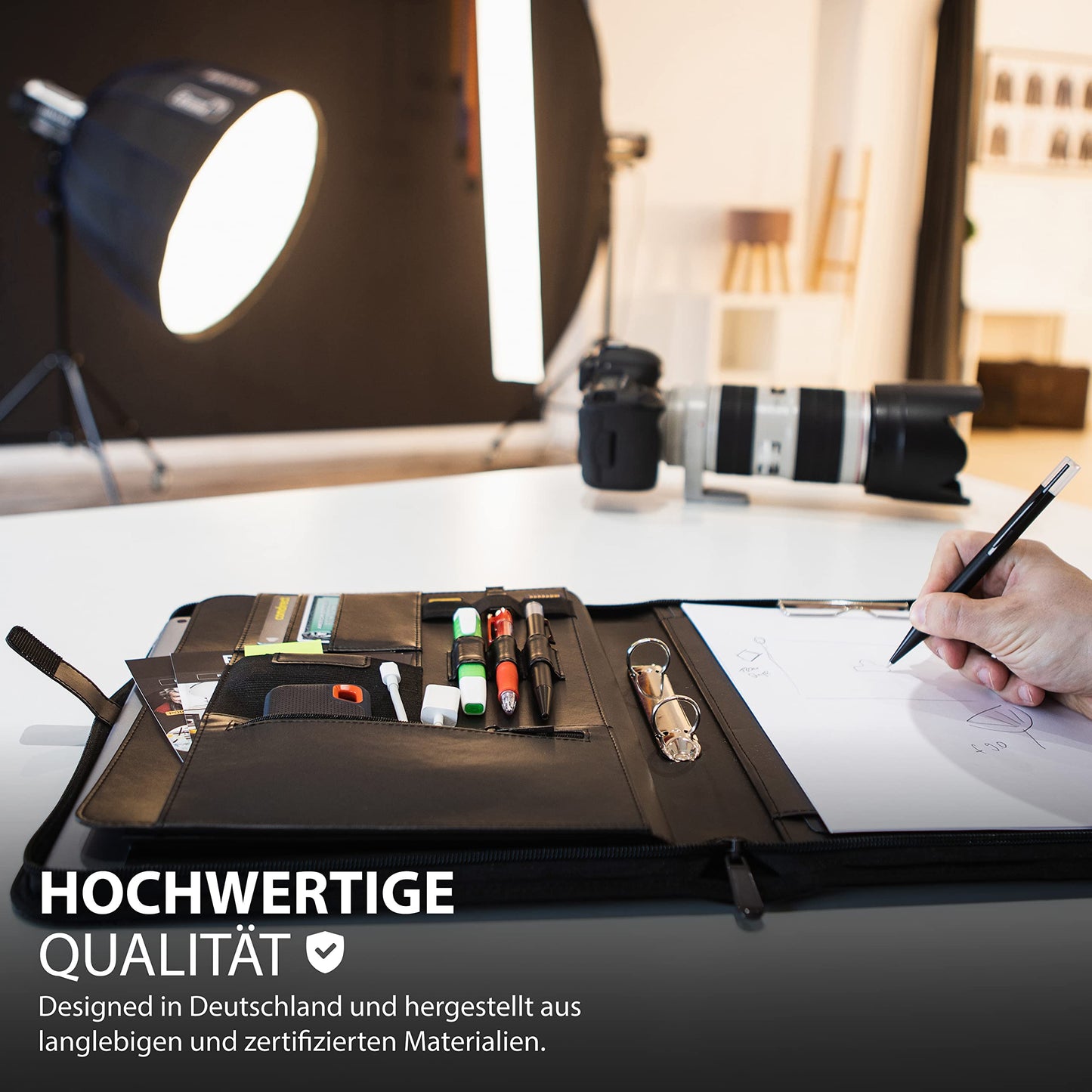 Vebon® Schreibmappe Ringbuch A4"Paris" I Reißverschluss + Klemmbrett I Dokumentenmappe + Laptoptasche I extra Stauraum I Kunstleder I Schwarz