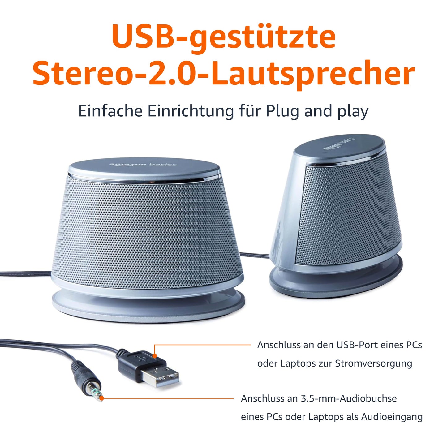 Amazon Basics Stereo-2.0-Lautsprecher für PC oder Laptop, 3,5-mm-AUX-Eingang, USB-Stromversorgung, 1 Paire, Silber