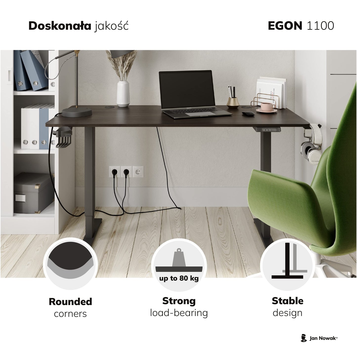 Jan Nowak Elektrisch Höhenverstellbarer Schreibtisch Bürotisch Ergonomisch mit Tischplatte Stahlfüßen Touchscreen Memoryfunktion Kopfhörerhaken Getränkehalter (Schwarz, 110 x 60 cm)