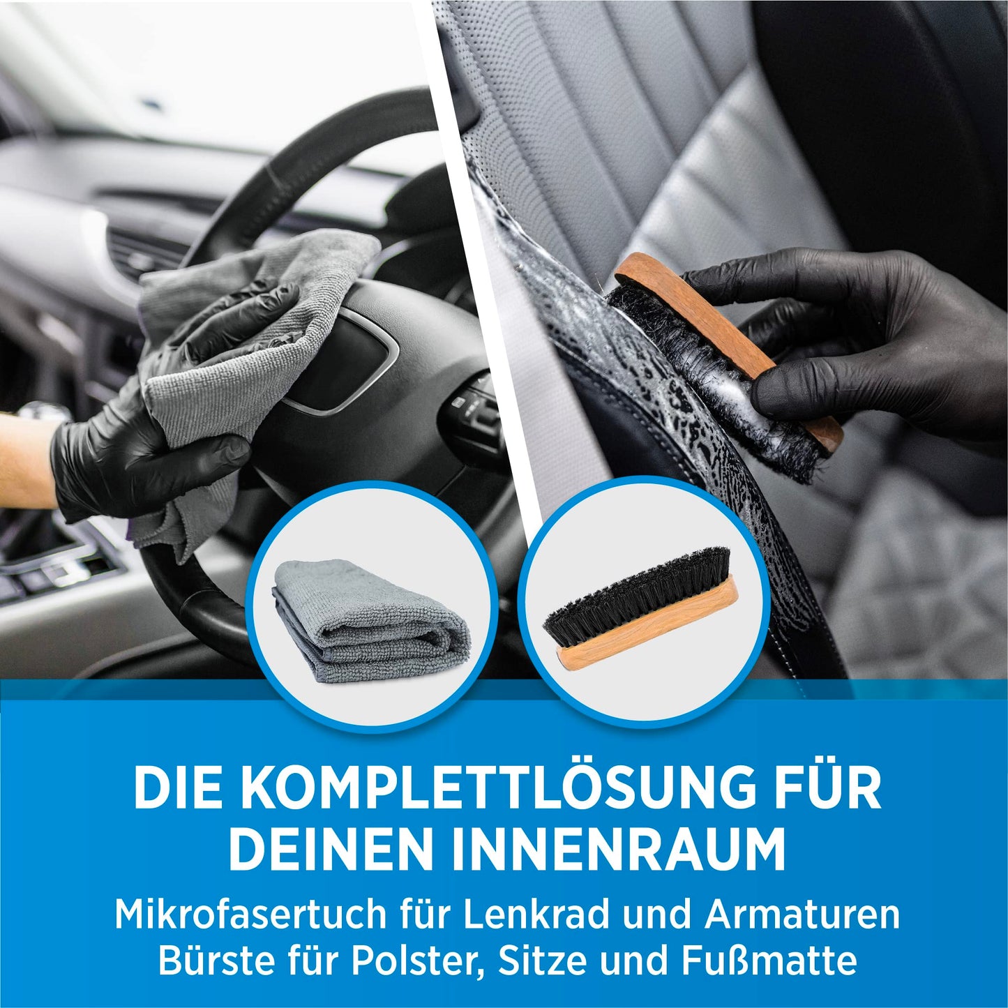 PRINOX® Profi Auto Innenraum Reiniger Set 500ml - Cockpitpflege für die Innen Reinigung von Kunststoff, Polster, Leder & Armaturen - Autopflege Innenraumreiniger mit Bürste - Cockpit Reiniger