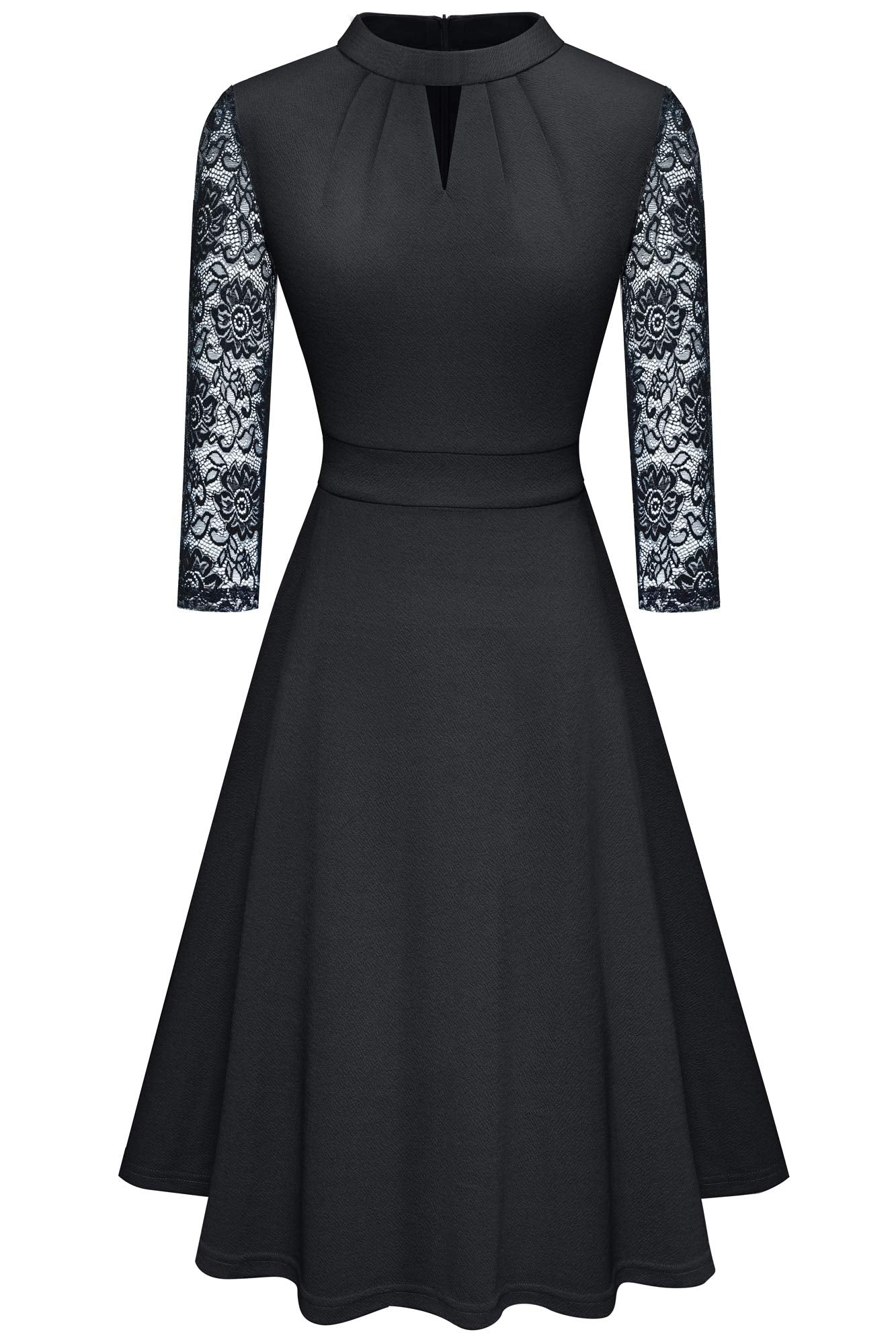HOMEYEE Damen Elegant Hollow Out Spitzenärmel Swing Retro Party Cocktailkleid A234 (L, Schwarz)
