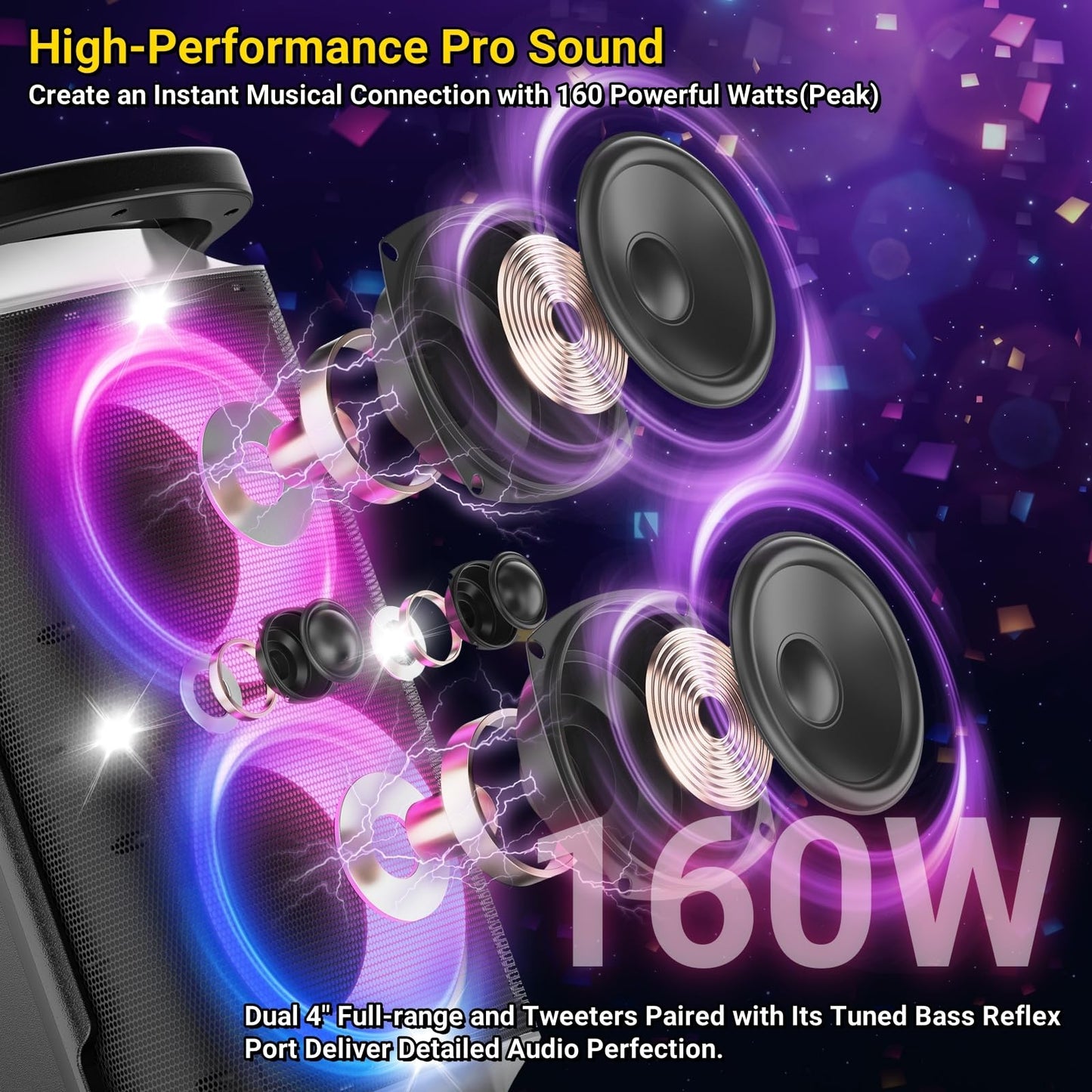 TPBEAT Bluetooth Lautsprecher Groß, Partybox, 160W Powerful, Lauter Sound, Tiefer Bass, Musikbox Bluetooth Groß mit LED-Lichtshow, Schnelles Aufladen,15h Akku, TF, AUX, EQ, für Party, Backyard