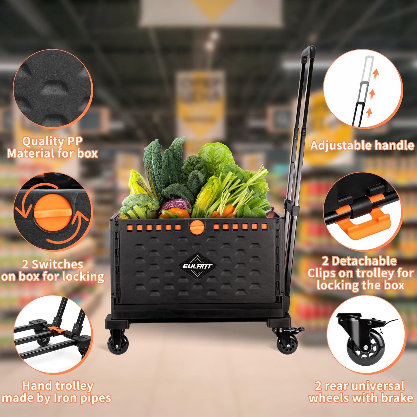 EULANT 2 in 1 Faltbarer Handwagen mit 60L Faltbox und Deckel – Transportkiste mit Rollen und Bremse, Klappbarer Einkaufstrolley mit 360° drehbaren Rädern, 100 kg Tragkraft
