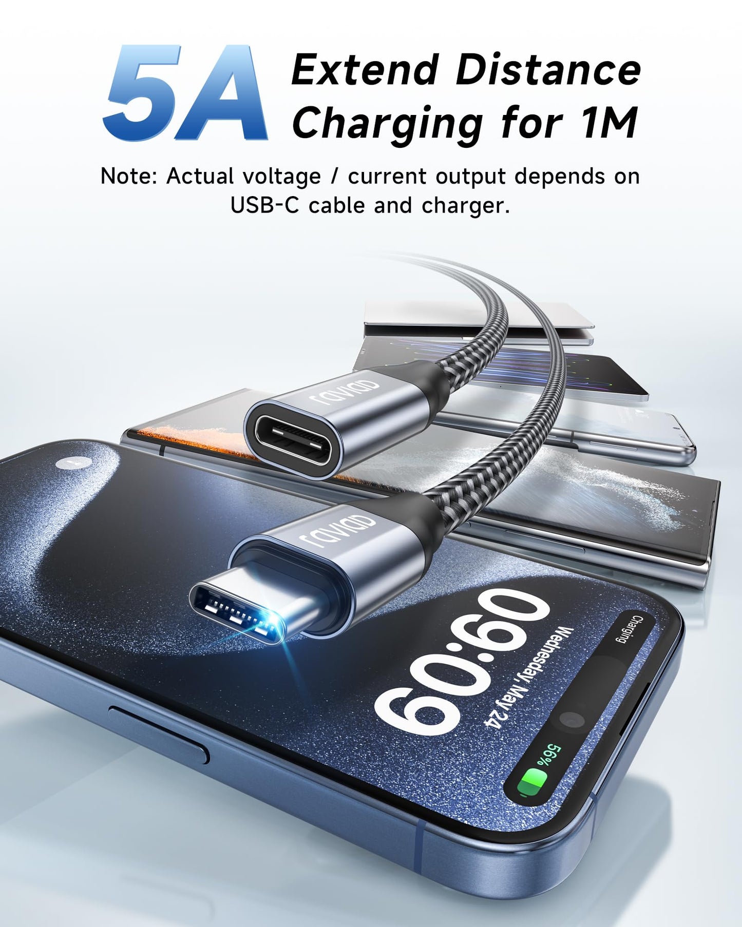 RAVIAD USB C Verlängerungs Kabel 1M, USB Type C 3.2 Verlängerung Unterstützt 10Gpbs/100W und 4K@60Hz Kompatibel mit iPhone 15 Pro Max, MacBook Pro, Pad Pro, XPS 15, Galaxy S24/S23