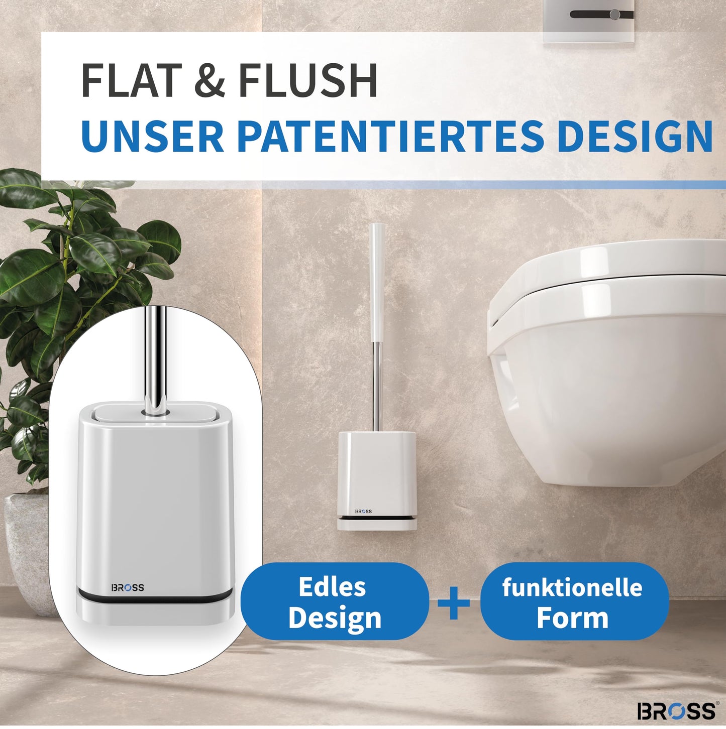 BROSS® Klobürste Silikon - Patentierte Toilettenbürste - Klobürste Weiss - WC Bürste & Klobürstenhalter mit Wandmontage & TurboTrocknung - Innovativ & Antibakteriell - 1er Set