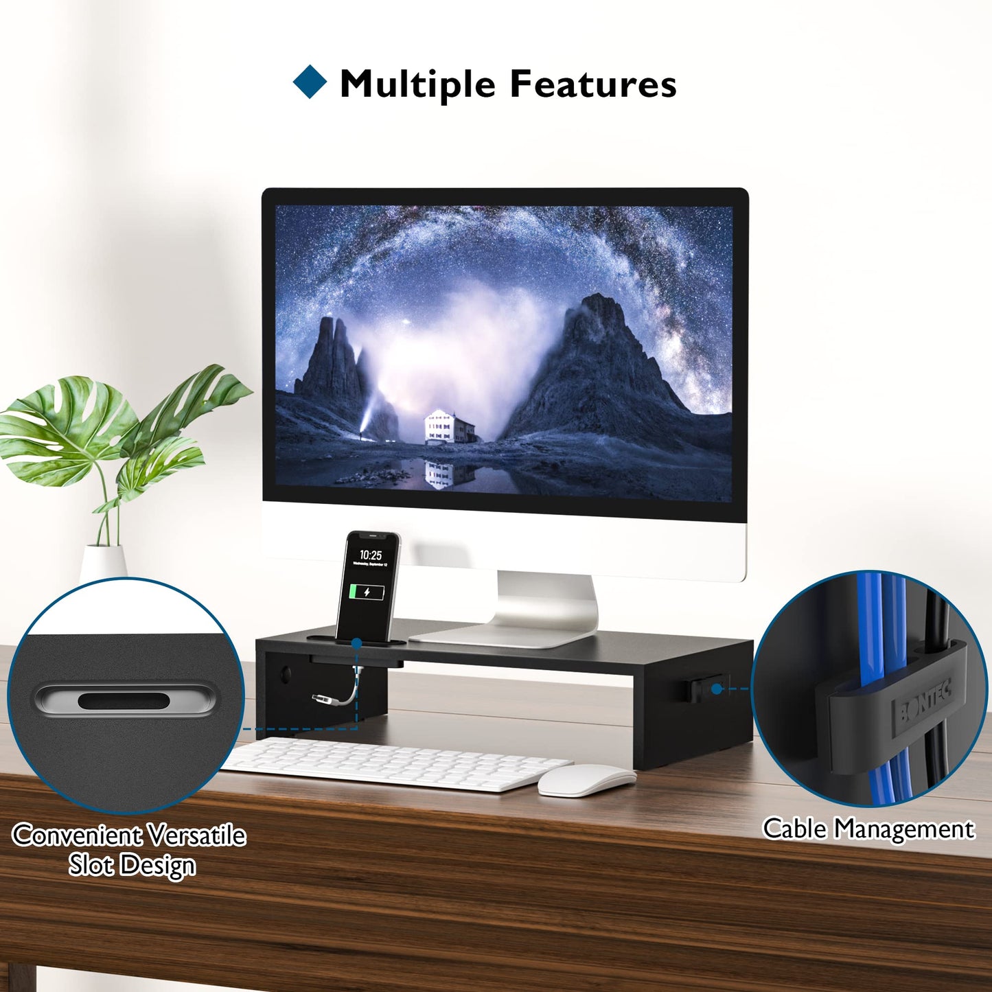 BONTEC Monitorständer, Unterbau Bildschirm, Ständer mit Handyhalter, ergonomischem Druckerständer mit Kabelführung für Laptop, Computer, Notebook, iMac, PC, 42CM, Schwarz