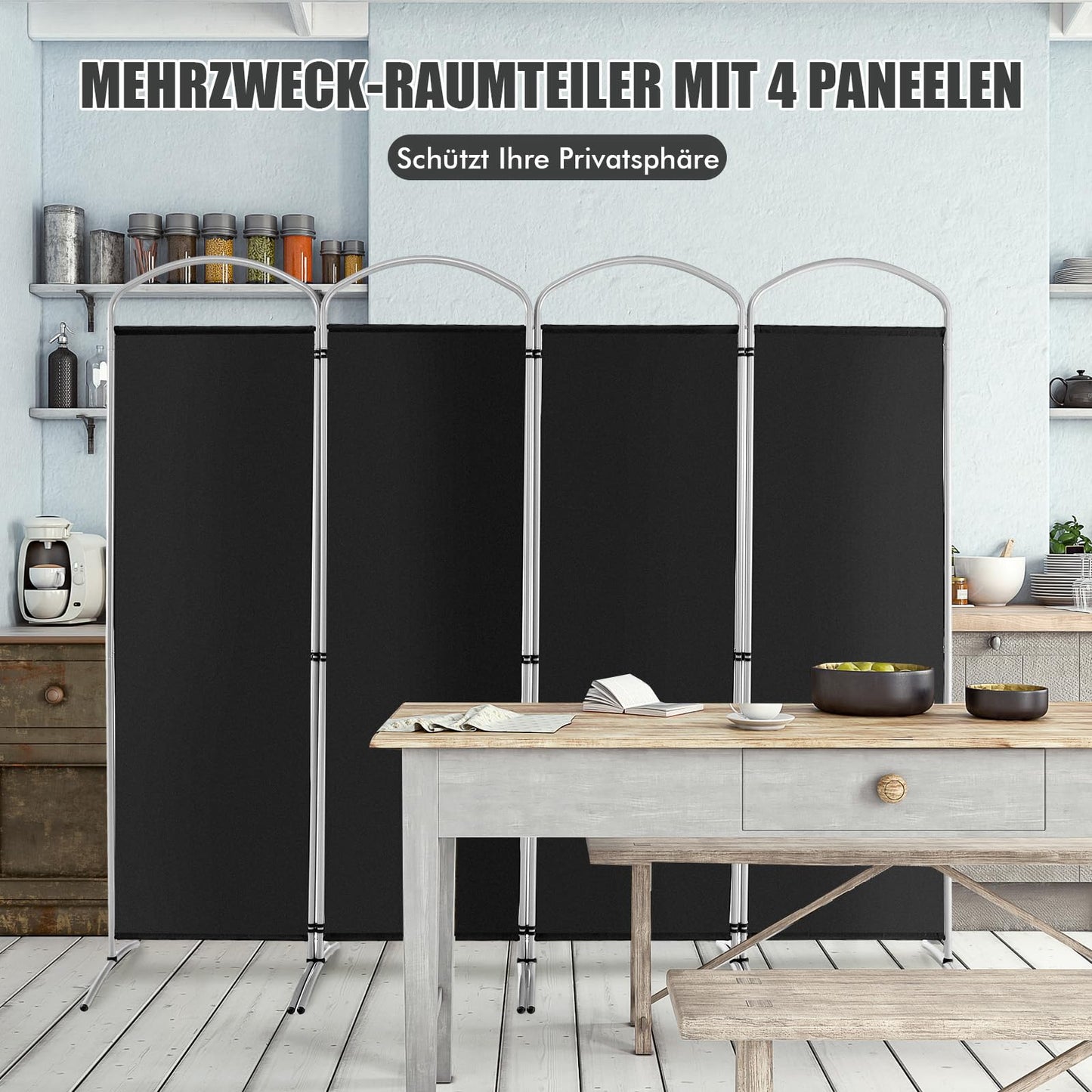 COSTWAY 221 x 188cm Raumteiler Trennwand, Paravent klappbar und abnehmbar, Sichtschutz 4 teilig, Room Divider Innen, aus Stoff, für mehr Privatsphäre und Flexibilität (Schwarz)