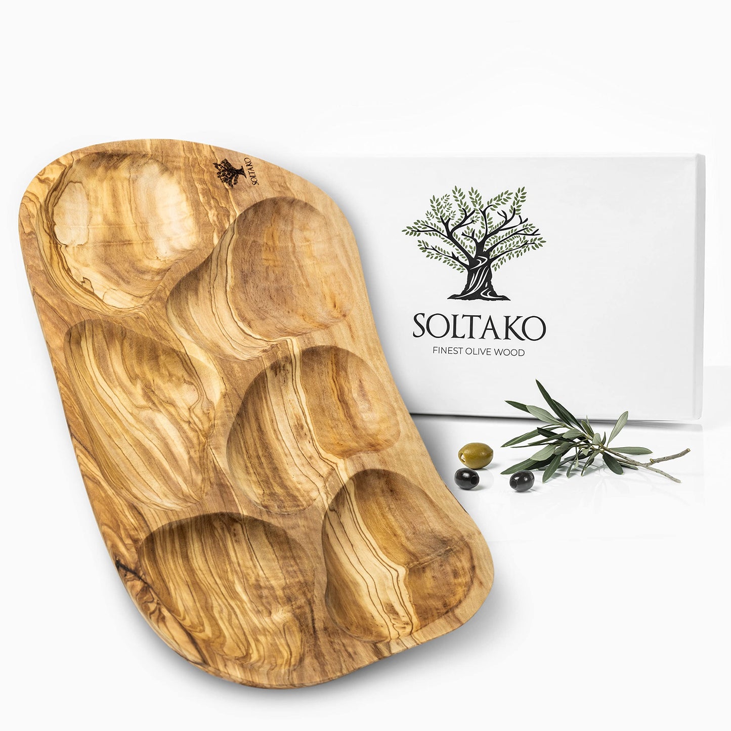 SOLTAKO La Rustica - Große rustikale Snackschale aus Olivenholz Dipschale Tapasteller Schale Holz Olivenholz Holzschale Salatschüssel Brotschale für Tapas