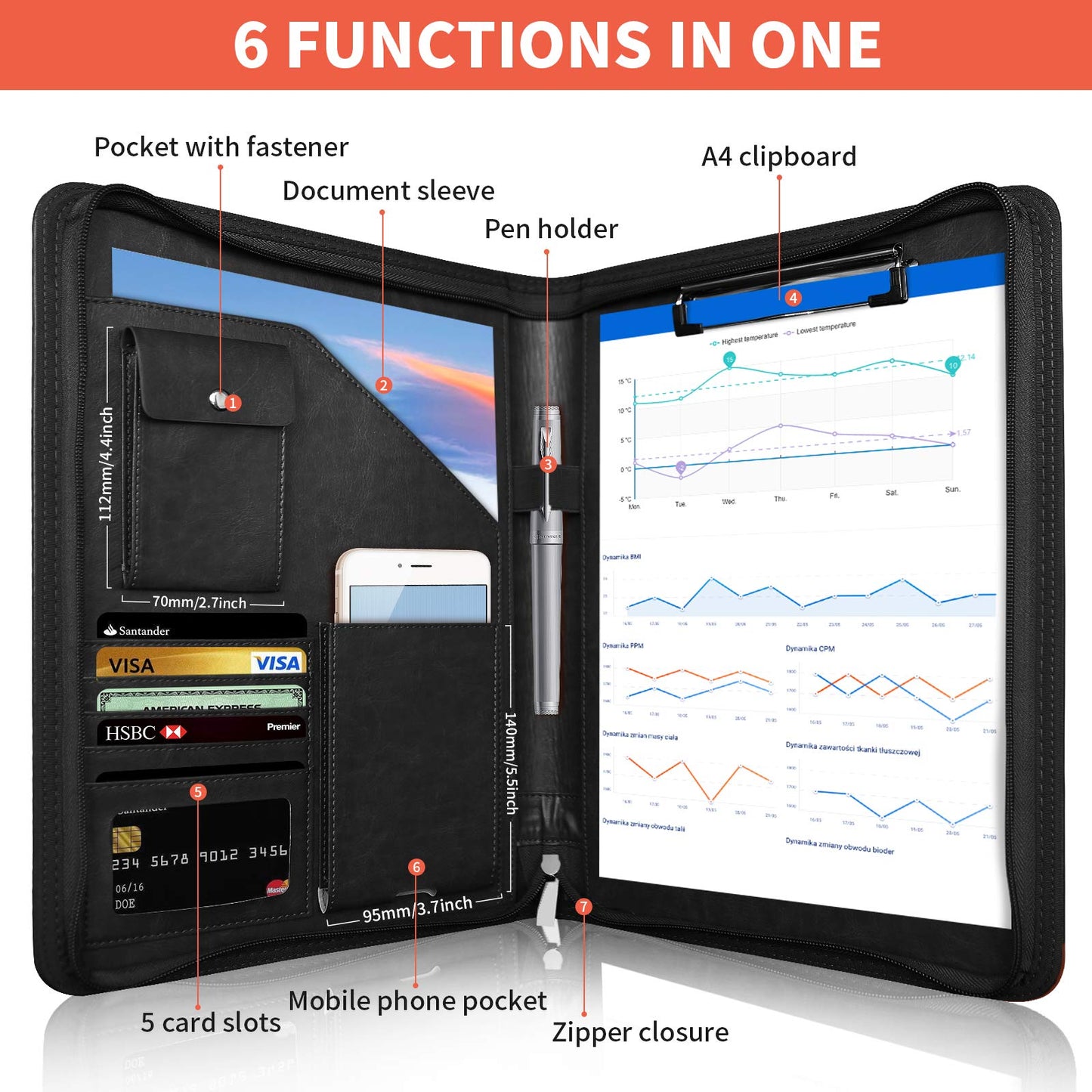 NEWYES NY-A403-BL-EU Konferenzmappe aus Leder, mit Reißverschluss, A4, Reisedokumentenmappe, Portfolio-Reisetasche, persönlicher Agenda-Organizer, 33,5 cm x 25 cm x 3,5 cm, Schwarz-Weiß