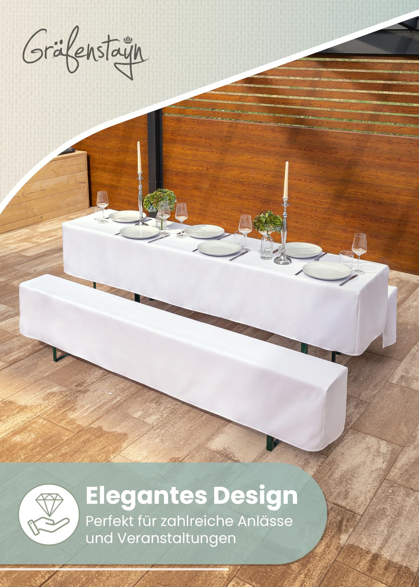Gräfenstayn® Valentin - Biertischhussen-Set 3 TLG für Bierzeltgarnitur - 50cm oder 70cm Tischbreite - mit Öko-Tex Siegel Standard 100 : "Geprüftes Vertrauen 30571 (Weiß, 70x220cm)