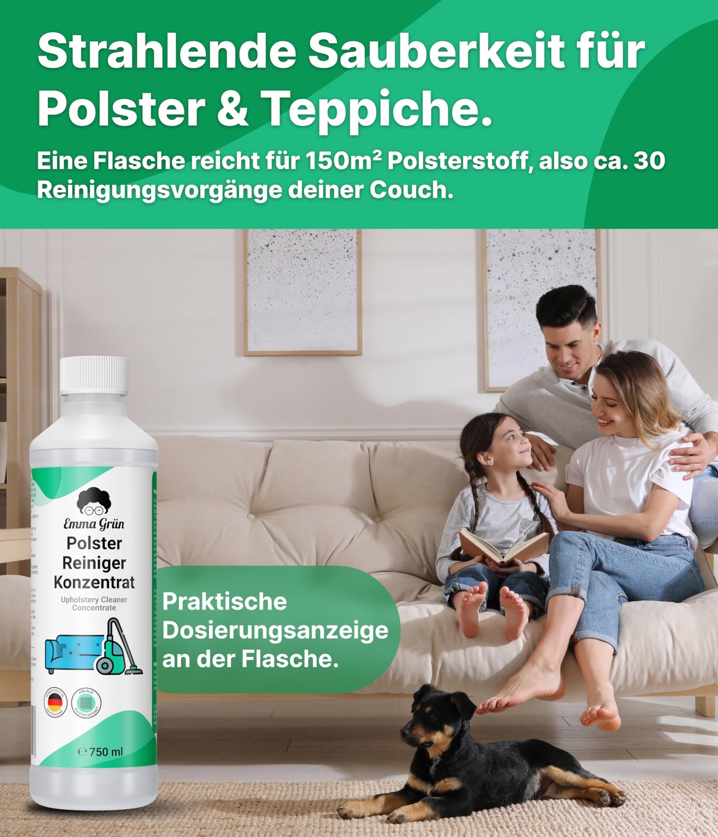 Emma Grün® Teppichreiniger & Polsterreiniger Konzentrat 750ml - Waschsauger Reinigungsmittel für Teppiche, Sofas & Textilien - Reinigungsmittel Nasssauger - Wirksame Polster Reinigung Made in Germany