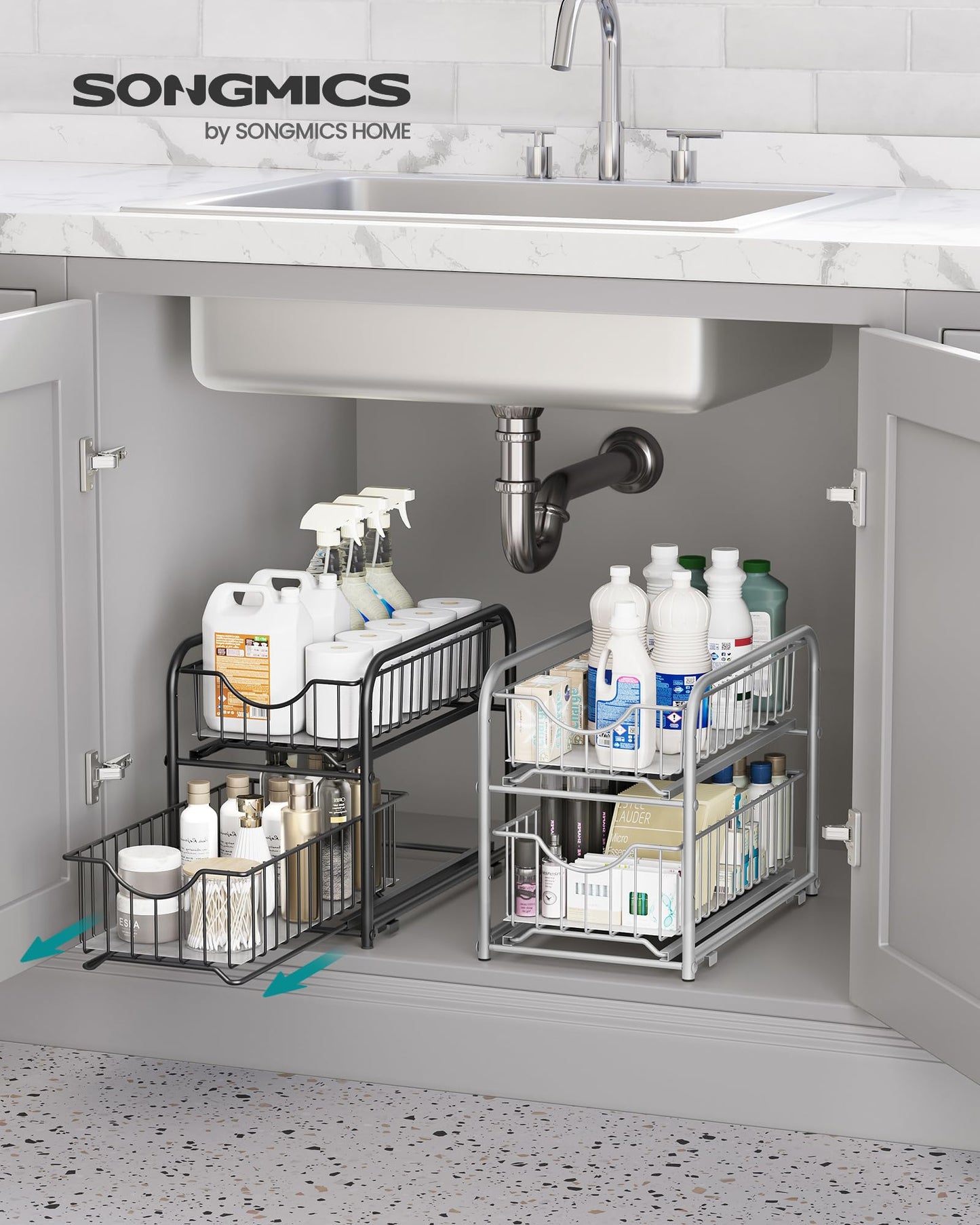 SONGMICS Küchenschrank Organizer, Küchenregal, Ordnungssystem, 2 Ebenen, stapelbar, erweiterbar, mit Metallkörben, für Küche, metallisches Silber KCS017E01