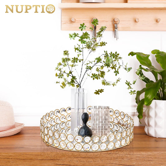 NUPTIO Tablett Spiegel Deko Kristallwaschtisch: 25cm Durchmesser Make Up Organizer Verziertes Deko Tablett für Parfüm Schmuck Kerzen und Make-up Weihnachten Hochzeitsfeier Wohnzimmer Deko