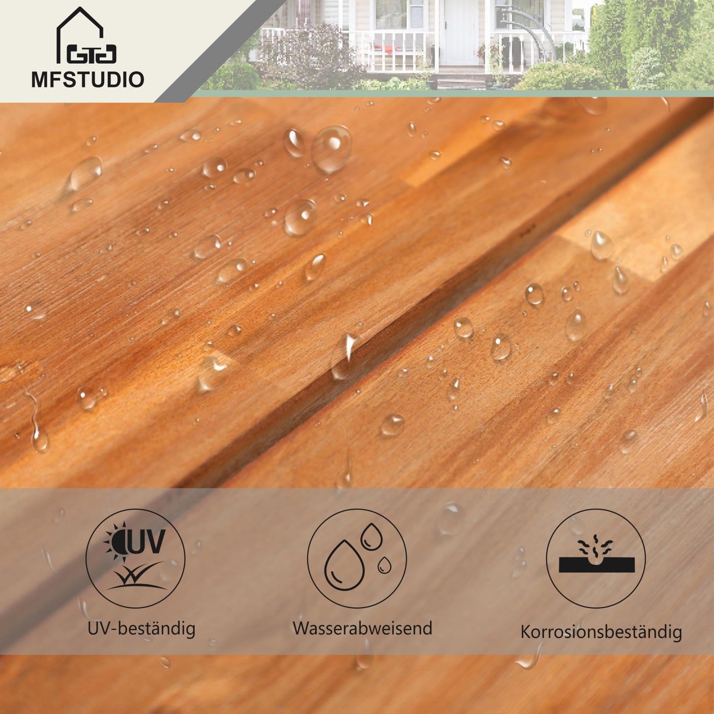 MFSTUDIO Gartenbank Wetterfest 3 Sitzer, 100% Akazienholz Parkbank, Oberfläche Vorbehandelt mit Öl, Outdoor Garten Terrasse Park Balkon Sitzbank, Farbe Teak (1)