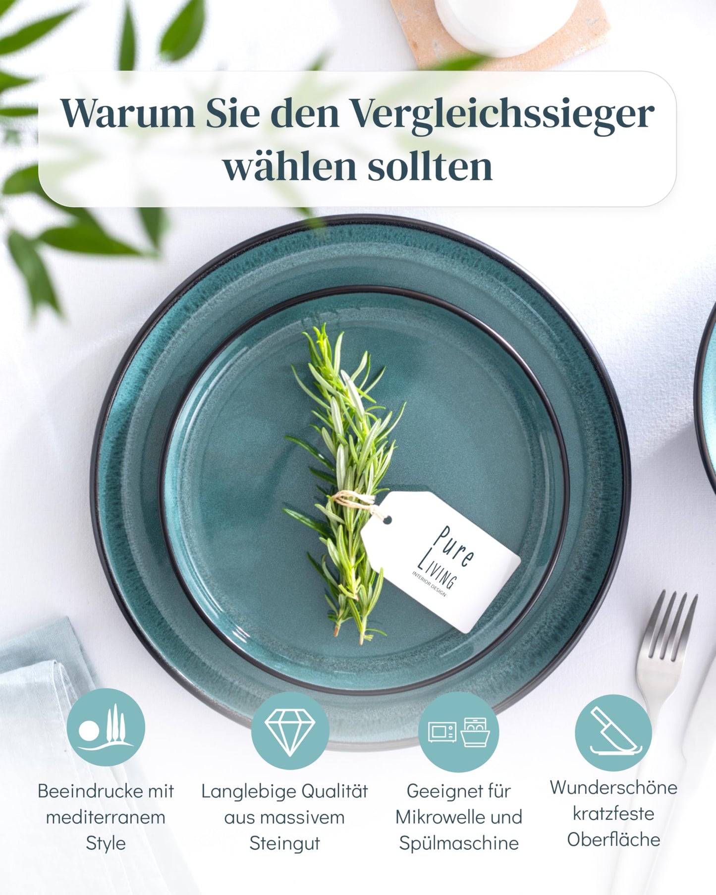 Steingut Geschirrset 6 Pers. Ibiza 24-tlg Hochwertiges Mediterranes TEST SEHR GUT Steingut Geschirr Set - Schüssel- und Teller Set - Tafelservice 6 Personen Geschirrsets Pure Living in Petrol