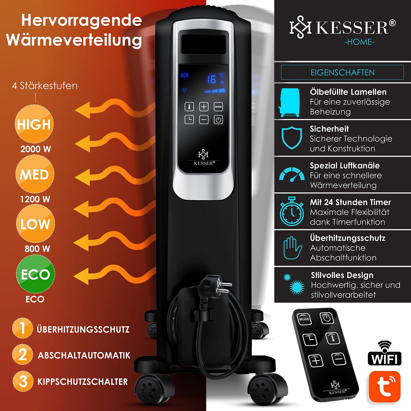 KESSER® 2000W Ölradiator mit WiFi App & Fernbedienung digitalem Display- elektrischer energiesparender Heizkörper mit 8 Rippen, Timer Zeitschaltuhr, 4 Heizstufen, Thermostat, Schwarz