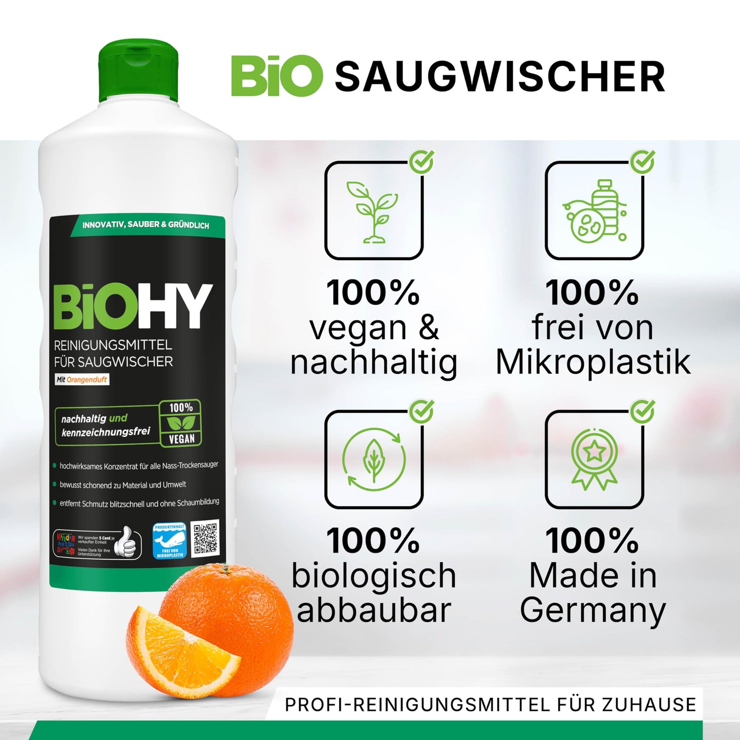 BiOHY Reinigungsmittel für Saugwischer mit Orangenduft (1l Flasche) | 1:200 Konzentrat für alle Nass-Trockensauger | ideal für Fliesen, PVC, Parkett, Laminat & Teppich | streifenfreier Glanz