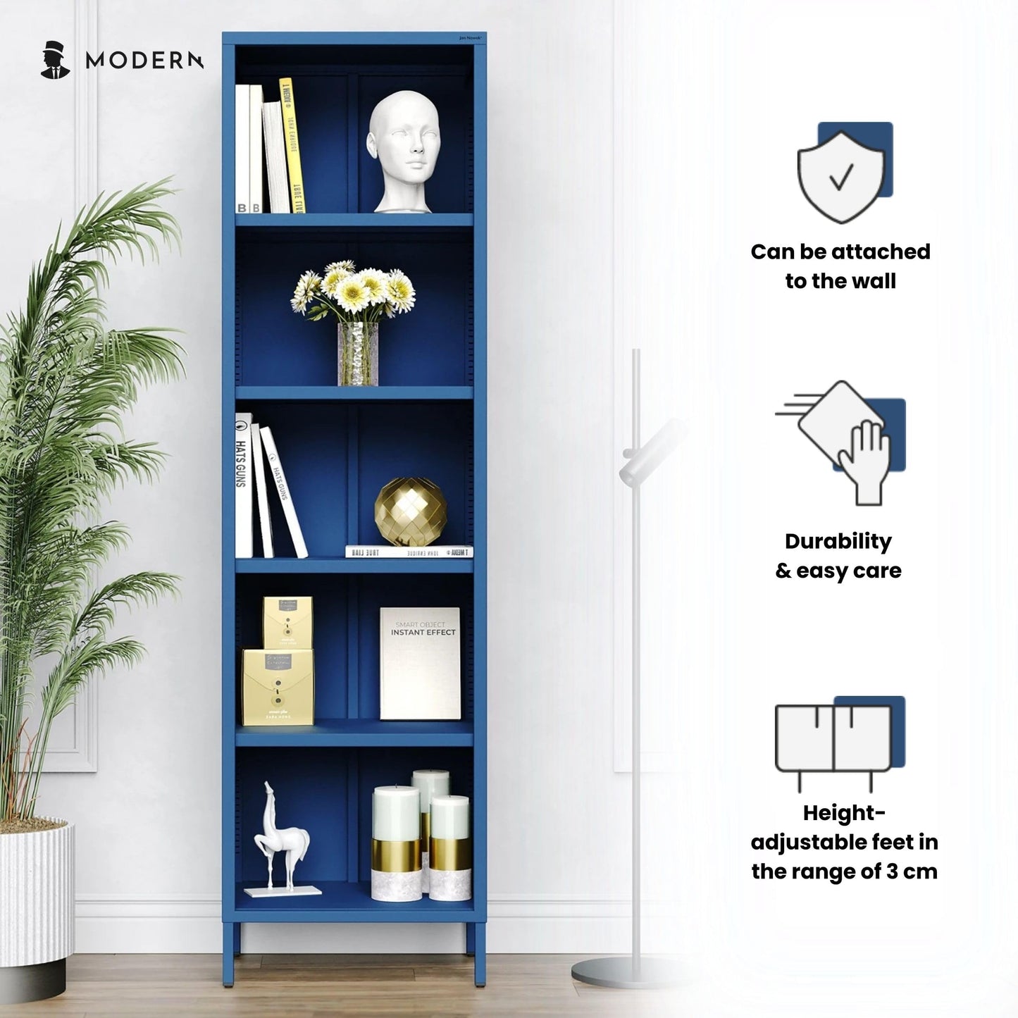 Jan Nowak Bücherregal Metall - Mario | Stabiles Regal Industrial mit 4 höhenverstellbaren Einlegeböden (4x30 kg) und Wandmontage | Hochregal Glitzernd, Regal Schmal | 50 x 180 x 35 cm | Dunkelblau