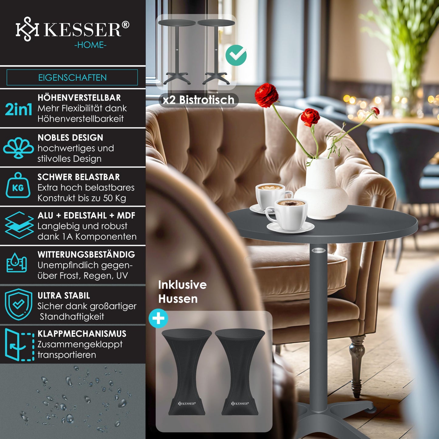 KESSER® 2in1 Stehtisch klappbar Bistrotisch 2er Set | Aluminium Edelstahlplatte | höhenverstellbar 70cm / 115cm | Partytisch Tisch Ø 60cm | In- & Outdoor | Empfangstisch | Klapptisch Anthrazit