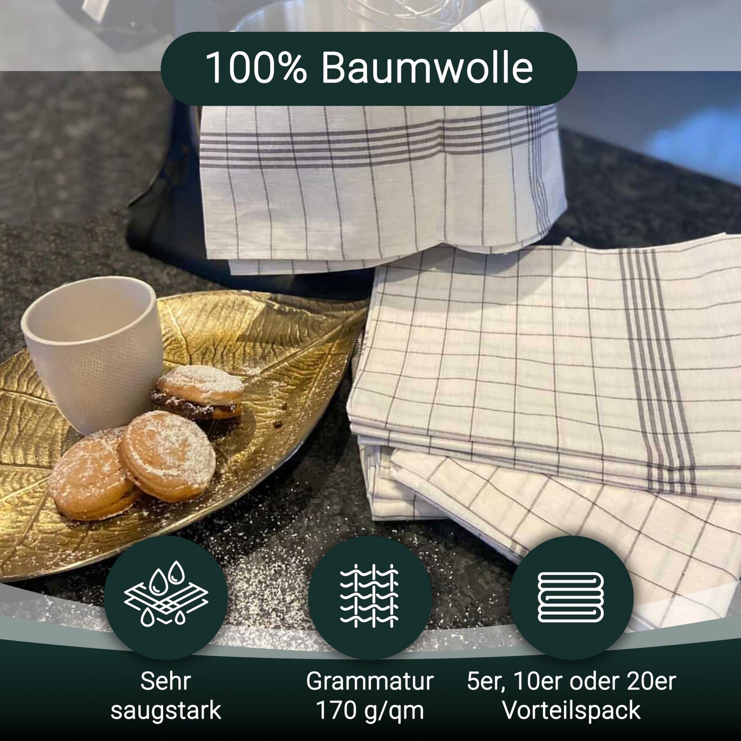 ZOLLNER 10er Set Geschirrtücher Baumwolle in 50x70 cm - super saugstarke und langlebige Küchentücher - waschbar bis 95°C – in grau weiß kariert - Gastronomiequalität - Oeko Tex® Zertifiziert