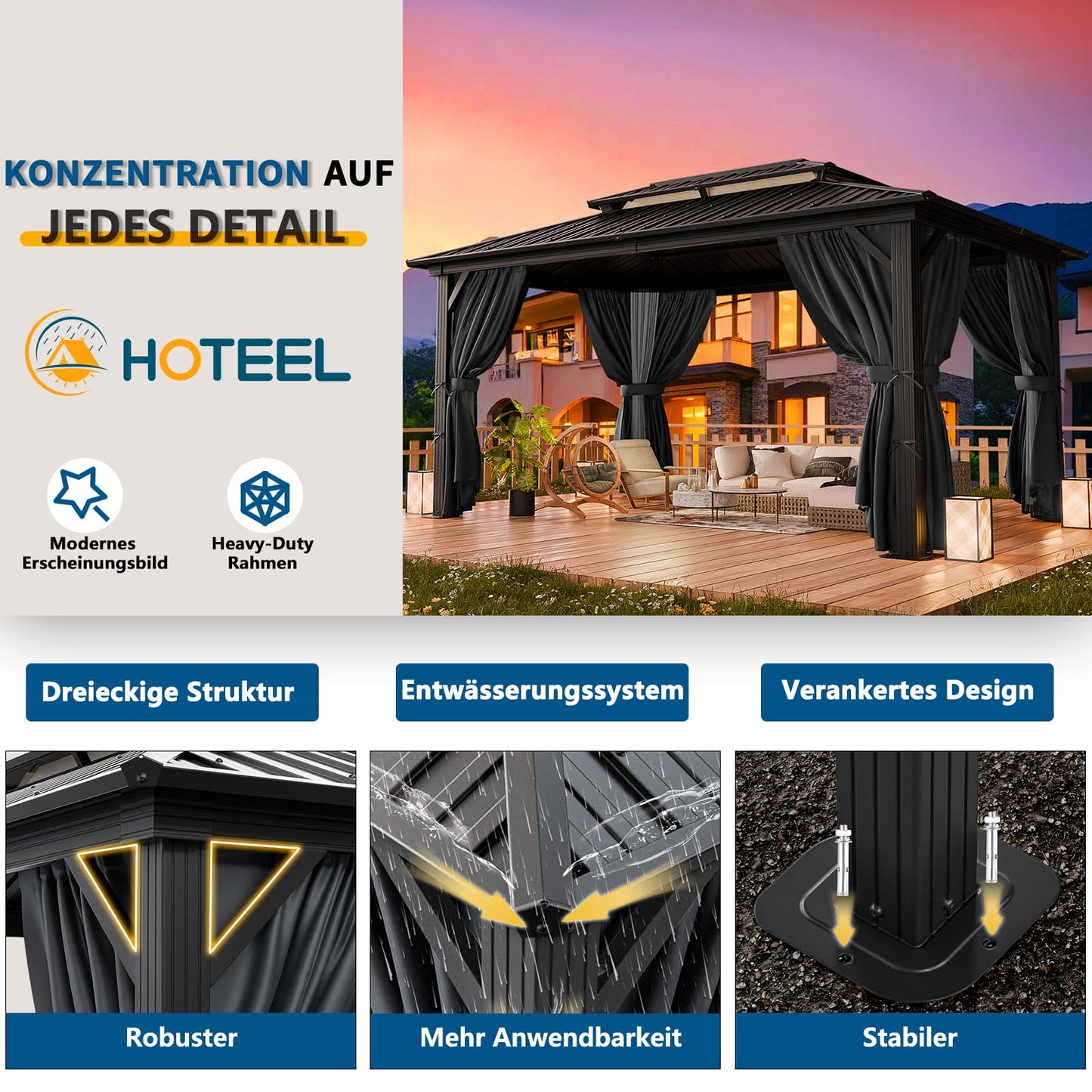 HOTEEL 3x3.65m Hardtop Pavillon Wasserdicht Stabil Winterfest, Gartenpavillon Metall mit Verzinkter Stahl Doppeldach, Alu-Rahmen, Schwer Entflammbare Vorhänge & Moskitonetz, Grau (2025 Aufrüstung)