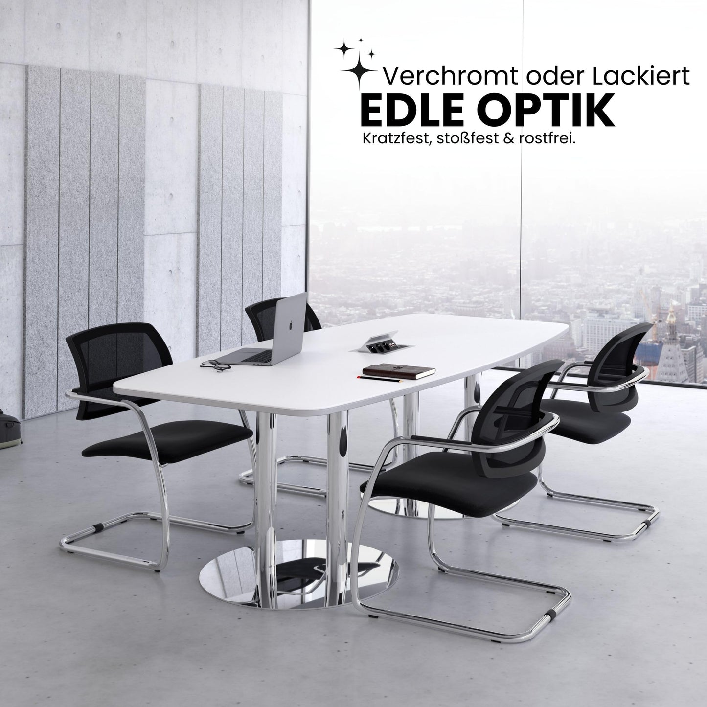Bümö Konferenztisch oval 280x130 cm großer Besprechungstisch in Weiss, Besprechungstisch mit Chromsäulen, Meetingtisch für 10 Personen, XXL-Tisch für Besprechungsraum & Meeting