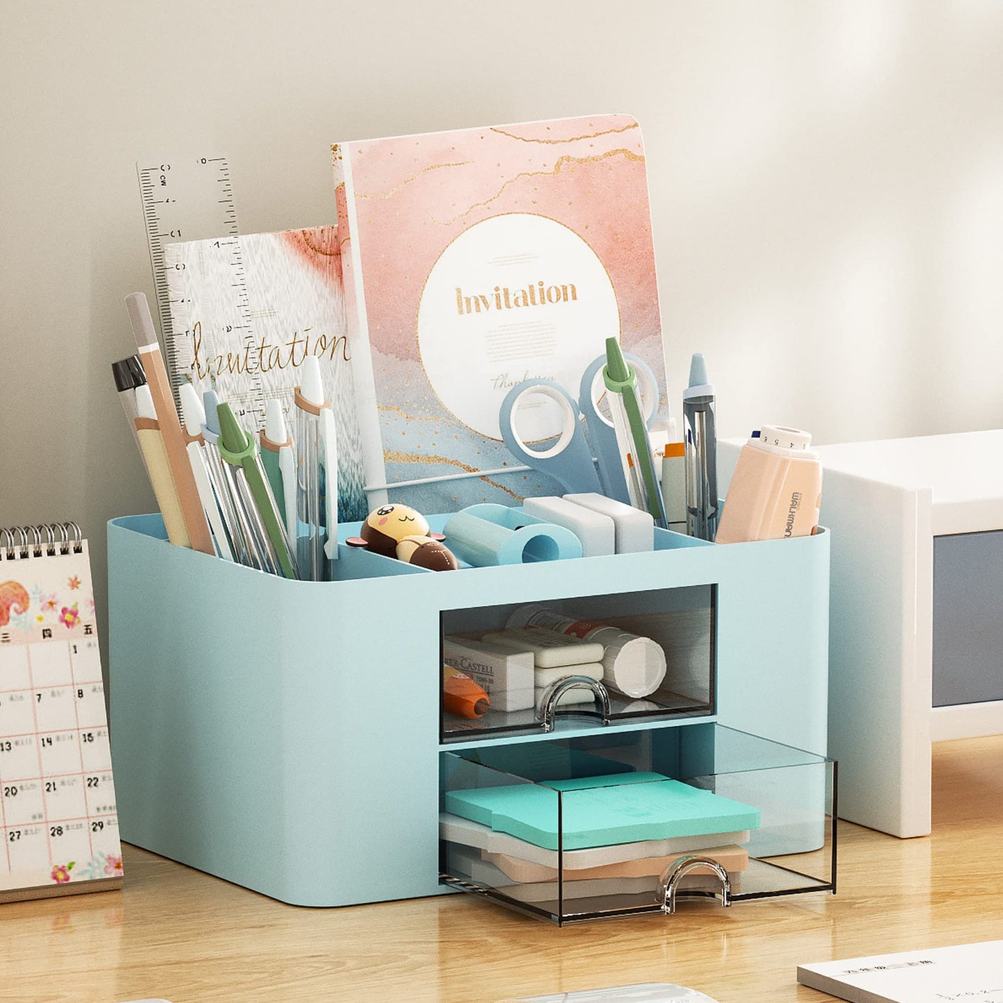 Marbrasse Schreibtisch Organizer mit Schubladen,Multifunktional Stiftehalter Schreibtisch mit 7 Fächer 2 Schubladen,Büro Organizer Schreibtisch und Zubehör (Blau)
