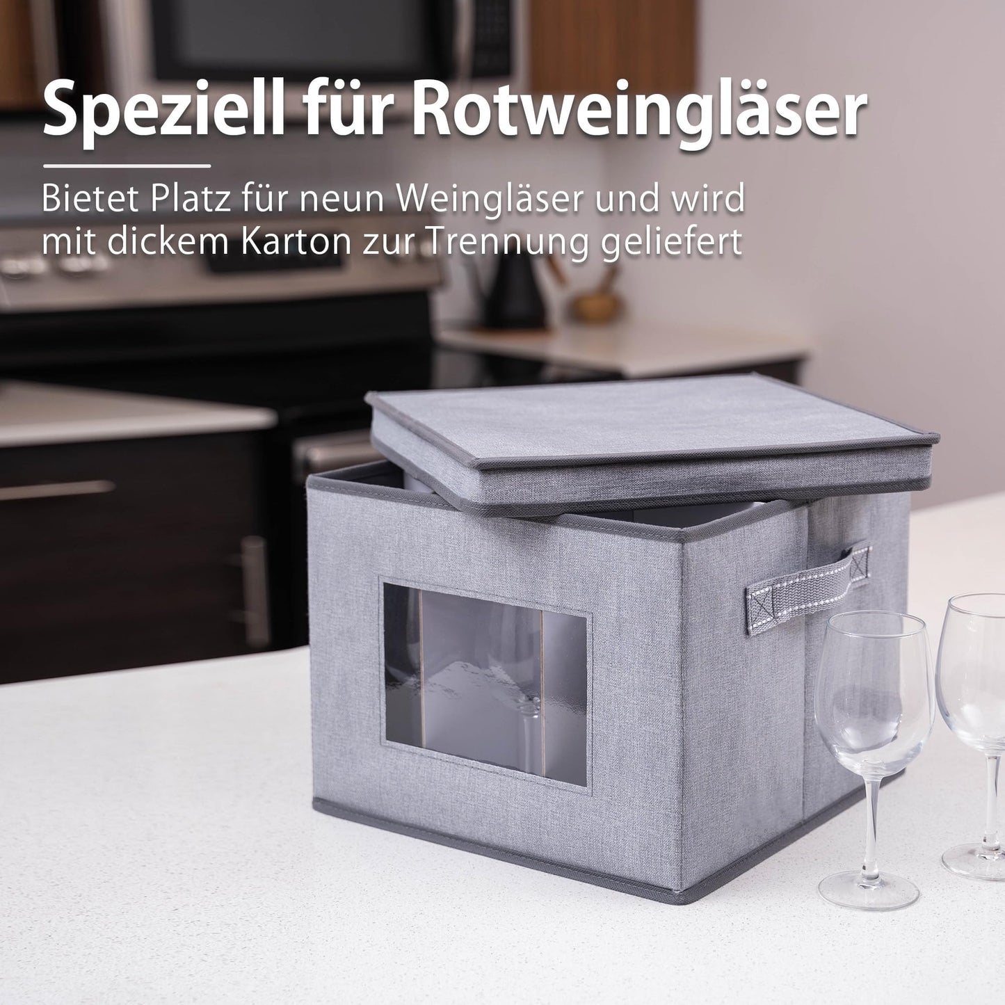 VENO 2er-Pack Aufbewahrungsbox für Rotweinglas mit Deckel und Griffen, Stielgläser-Organizer, Faltbox für Umzug von Glaswaren Inklusive Trennwände (Rotweinglas- 2er-Pack)