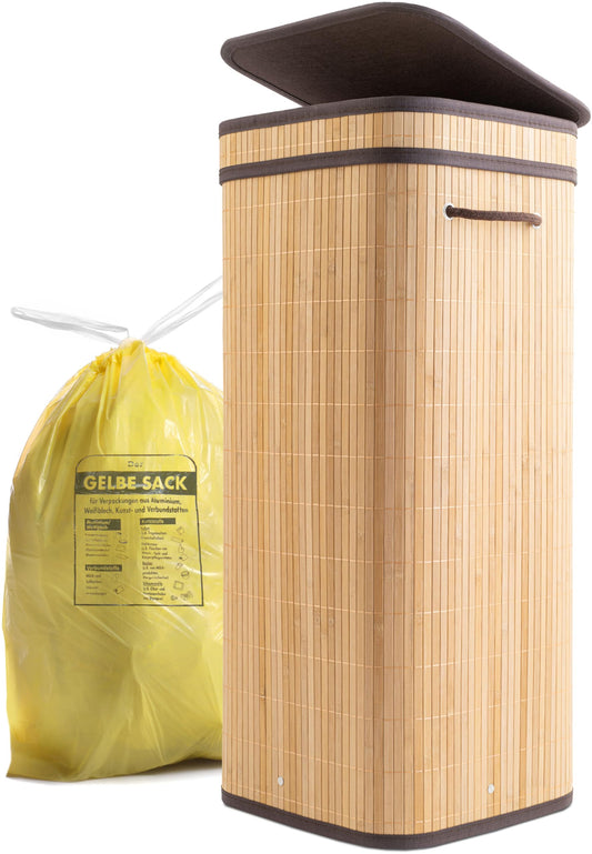 HOMELYN Gelber Sack Ständer I 80L, aus Bambus I Stabiler Müllsackständer mit Deckel I Extra für gelbe Säcke I Gelber Sack Mülleimer I Behälter gelbe Säcke für Küche & Haushalt