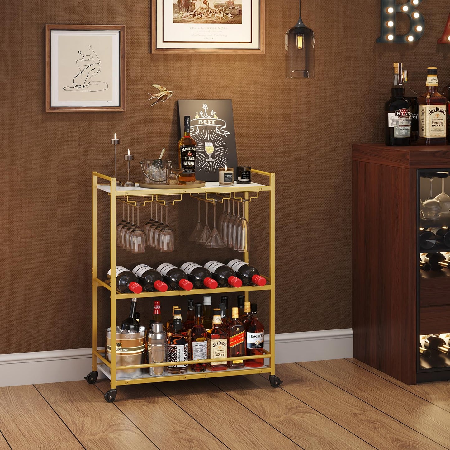 Lifewit Servierwagen, 3-stöckiger Barwagen mit blockierbaren Rädern, Weinregal und Glashaltern, Küchenwagen, Esszimmer, Wohnzimmer, 63,2 x 30 x 81,5 cm, Gold