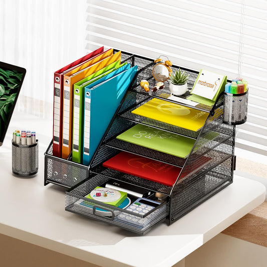 Marbrasse 5-Stöckiger Schreibtisch-Organizer – Papier-Briefablage mit Schublade, 2 Stifthaltern und Netz-Design für Heimbüro & Büro (Schwarz, Einseitiger Buchständer)