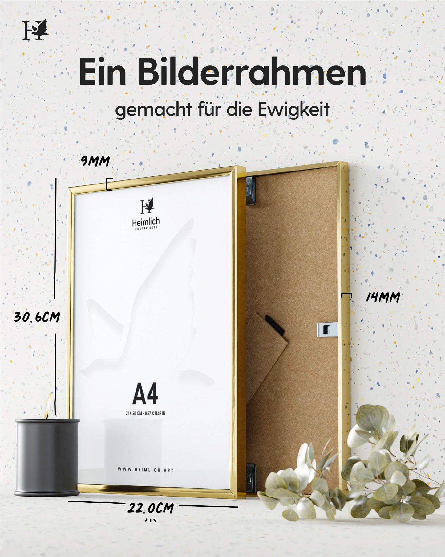 Heimlich® 1x Bilderrahmen DIN A4 21x30 cm Gold Metall Rahmen 1-Pack | Dokumentenrahmen 21x29,7 cm Klein Collage | Metallrahmen Alu-Bilderrahmen Aluminium | Picture Frame A4 Fotorahmen