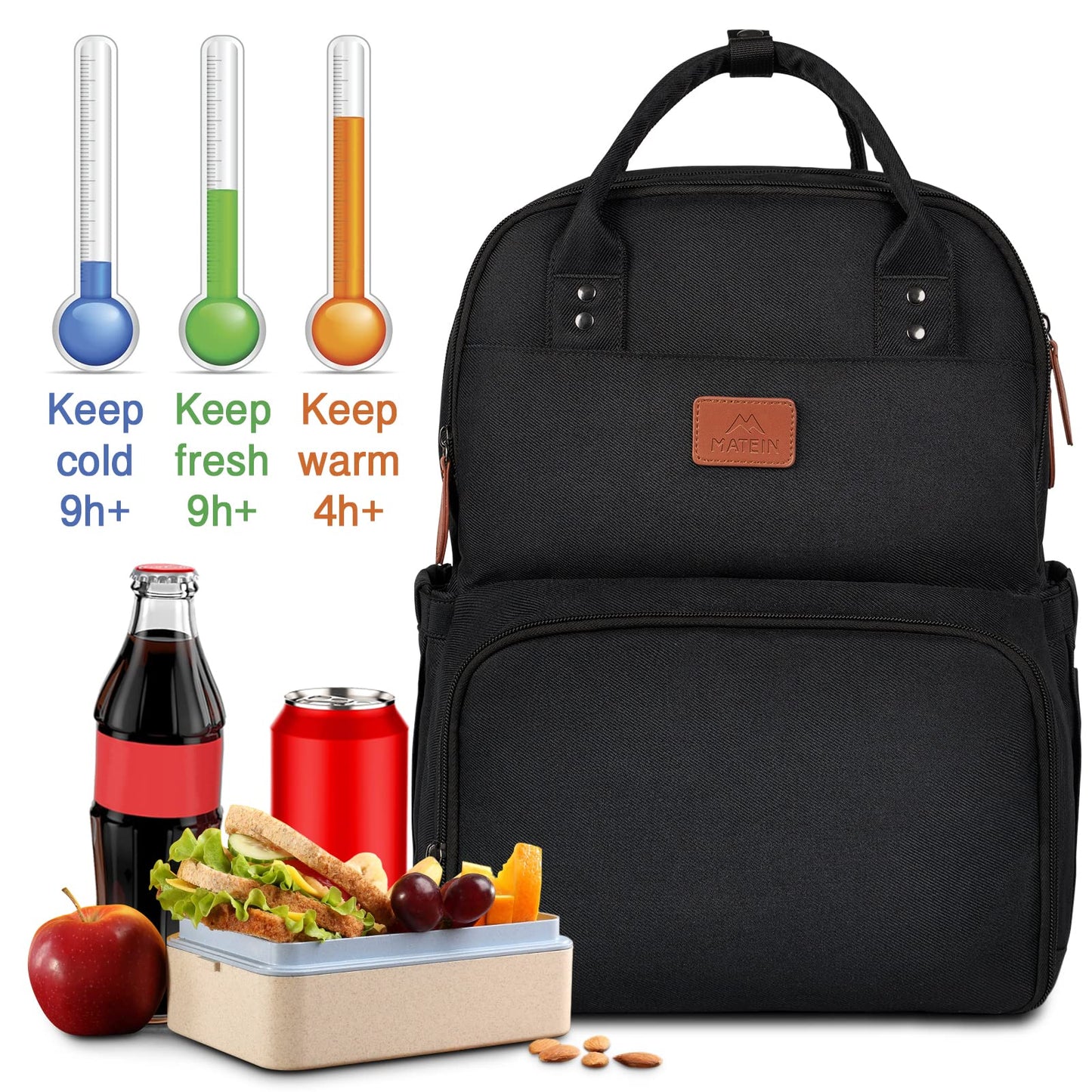 MATEIN Lunch Rucksack, Laptop Rucksack Herren 15,6 Zoll mit Isoliertes Kühlfach, Kühlrucksack mit USB Ladeanschluss, Wasserdicht Kühltasche Lunch Tasche Damen Reisen Arbeit, Schwarz