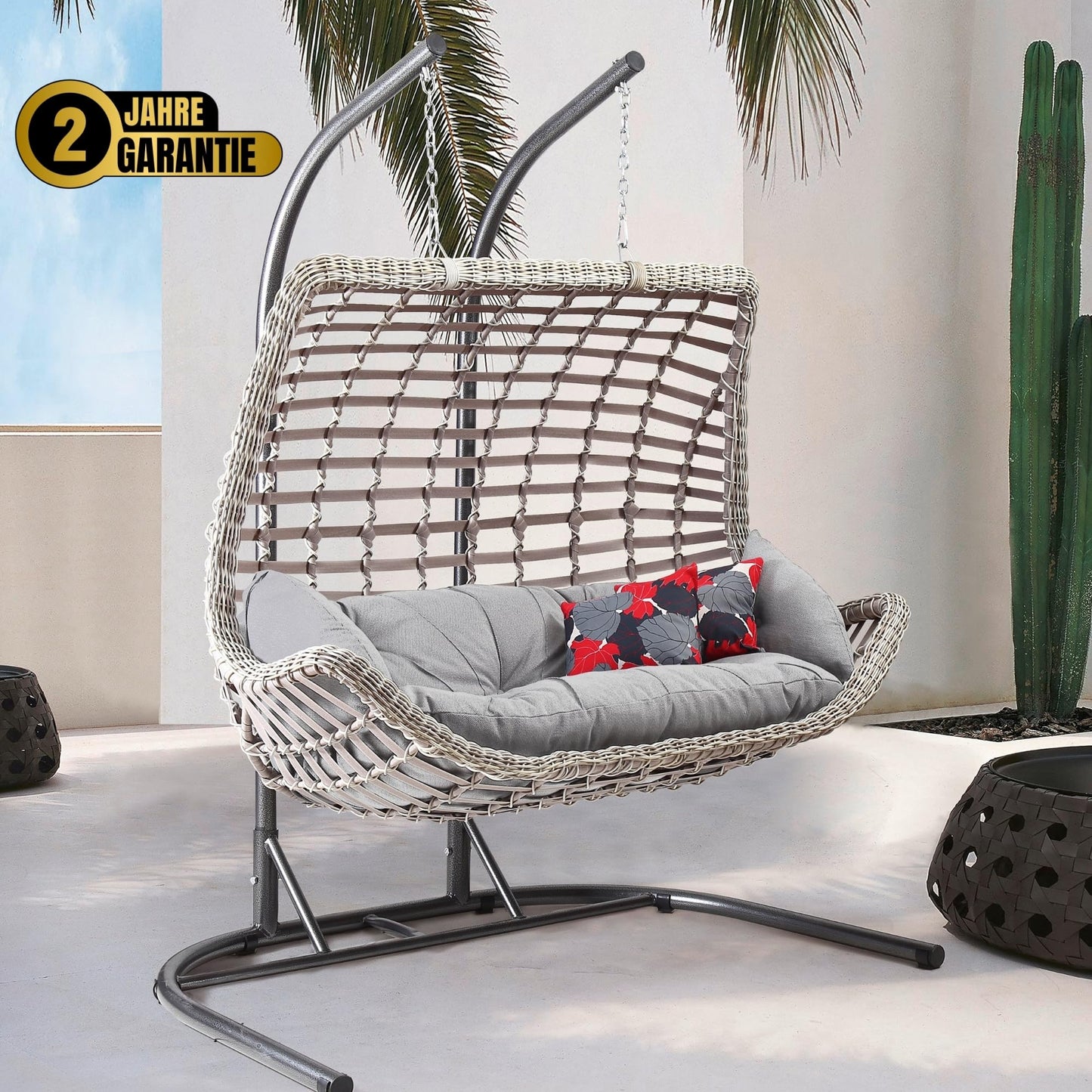 Alveon Hängesessel mit Gestell & Kissen Handgeflechtet Rattan Hängematte Hängekorb Luxus Balkonmöbel Hängeschaukel Cunda (Weiß), Einheitsgröße